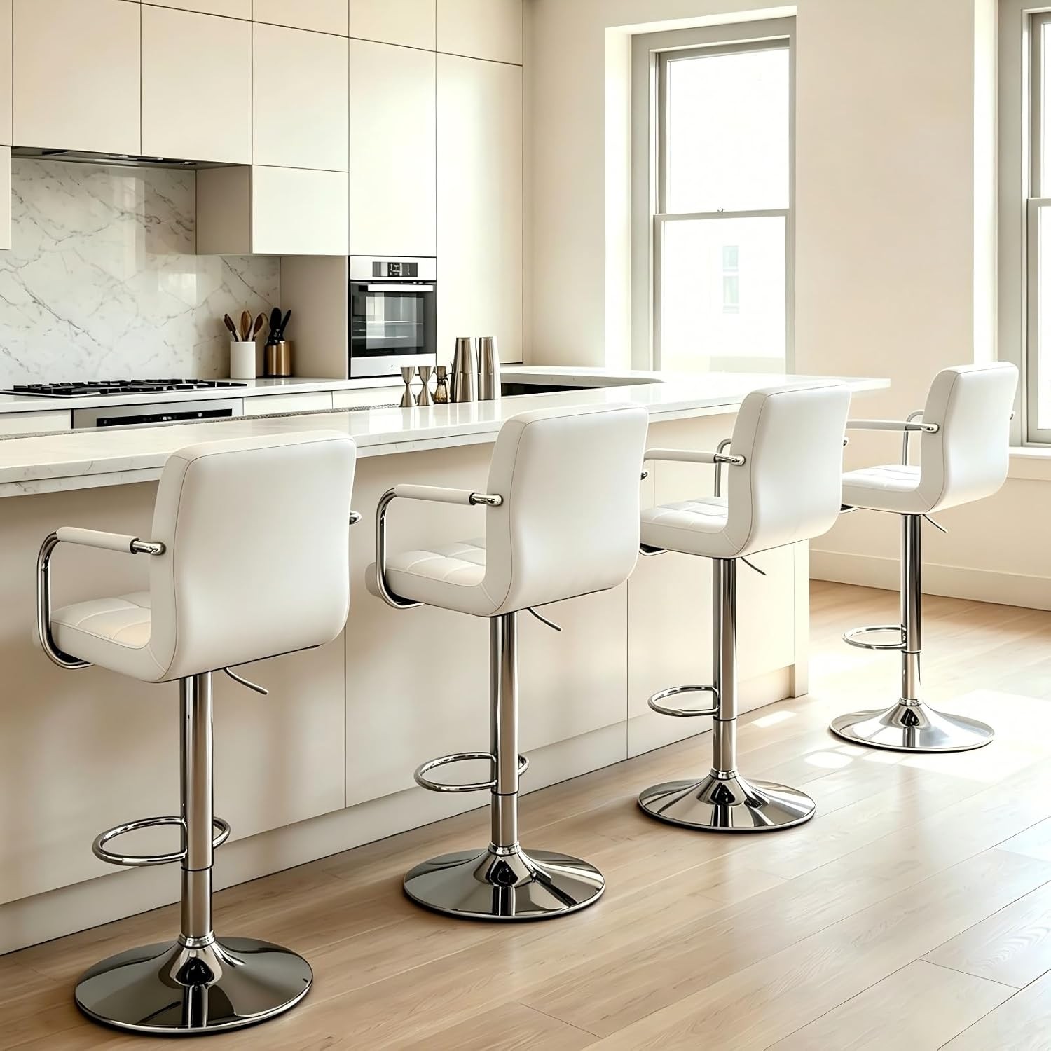 Swivel Bar Stools Set of 4, PU Leather Upholstered Bar Chairs with Back &