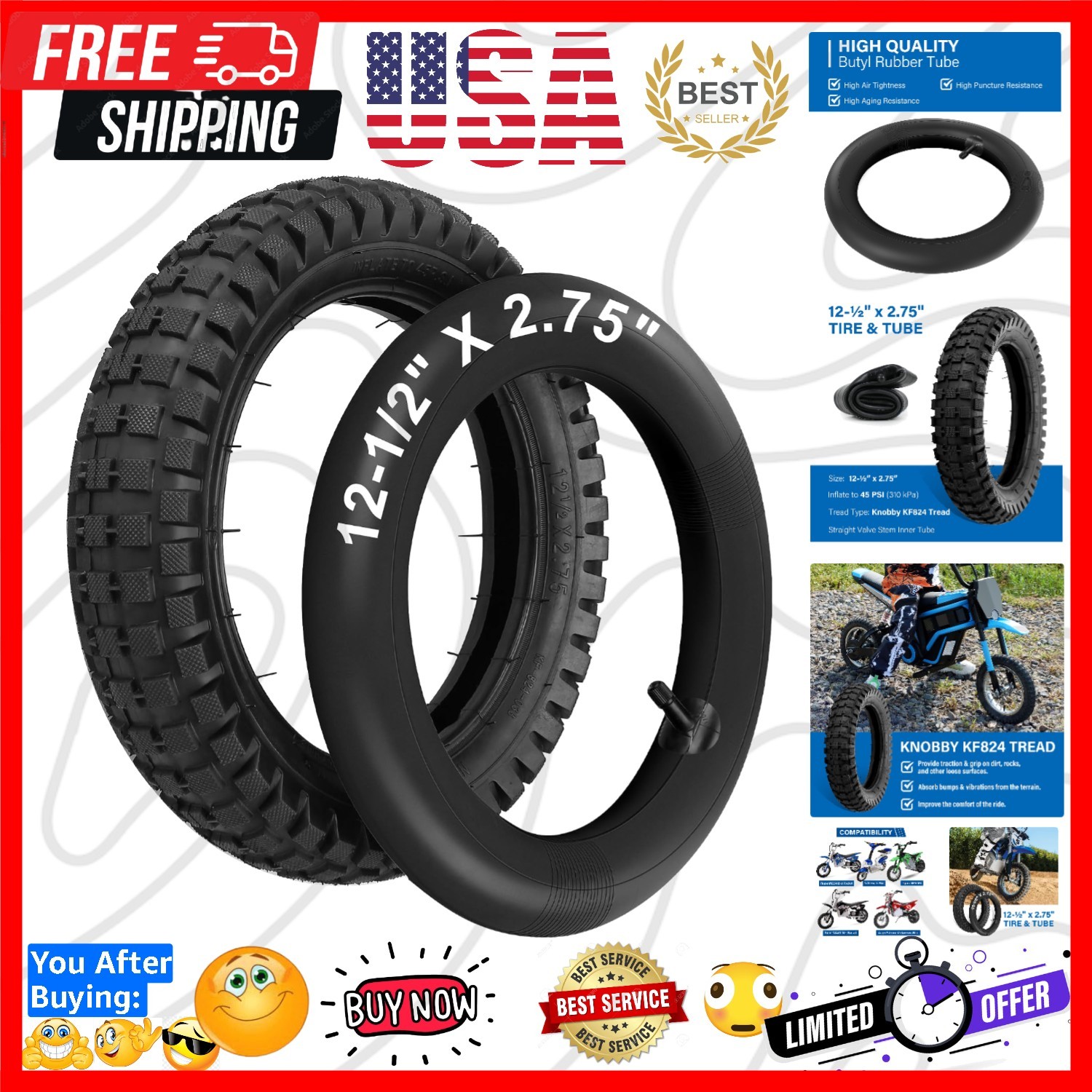 12.5x2.75 12-1/2x2.75 Tire & Inner Tube Set for Razor MX350 MX400 Dirt Rocket...
