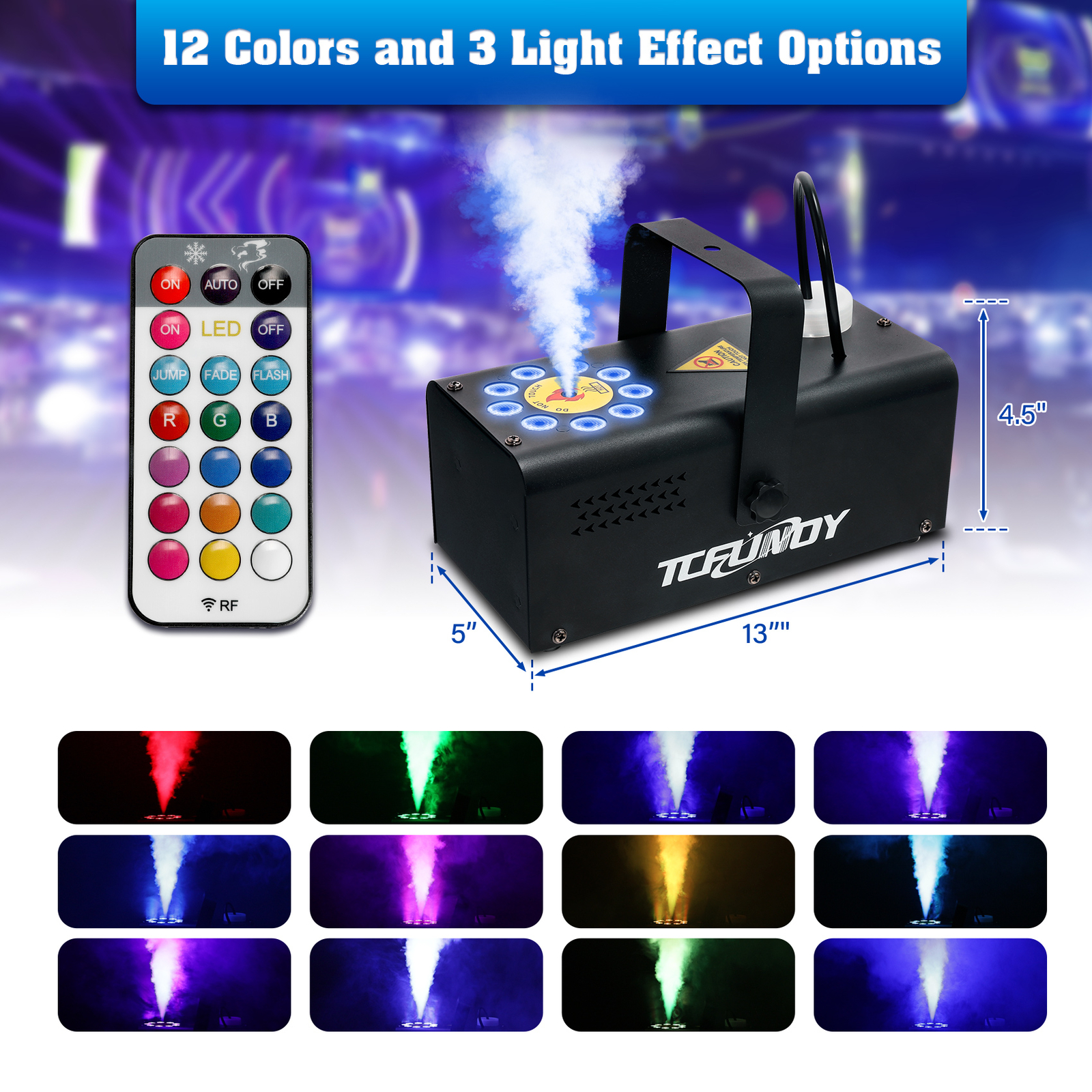 600W Smoke Machine Halloween Party 3 LED RGB Stage Lights Effect w/ 12 Colors