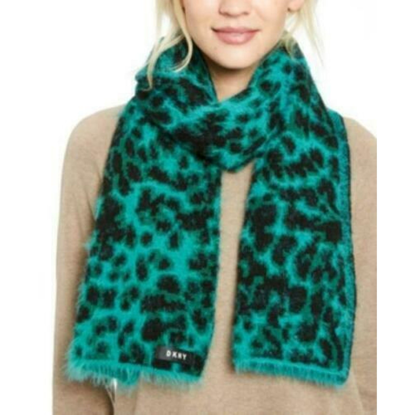 Dkny Fuzzy Animal Print Knit Scarf Green One Size MSRP$48