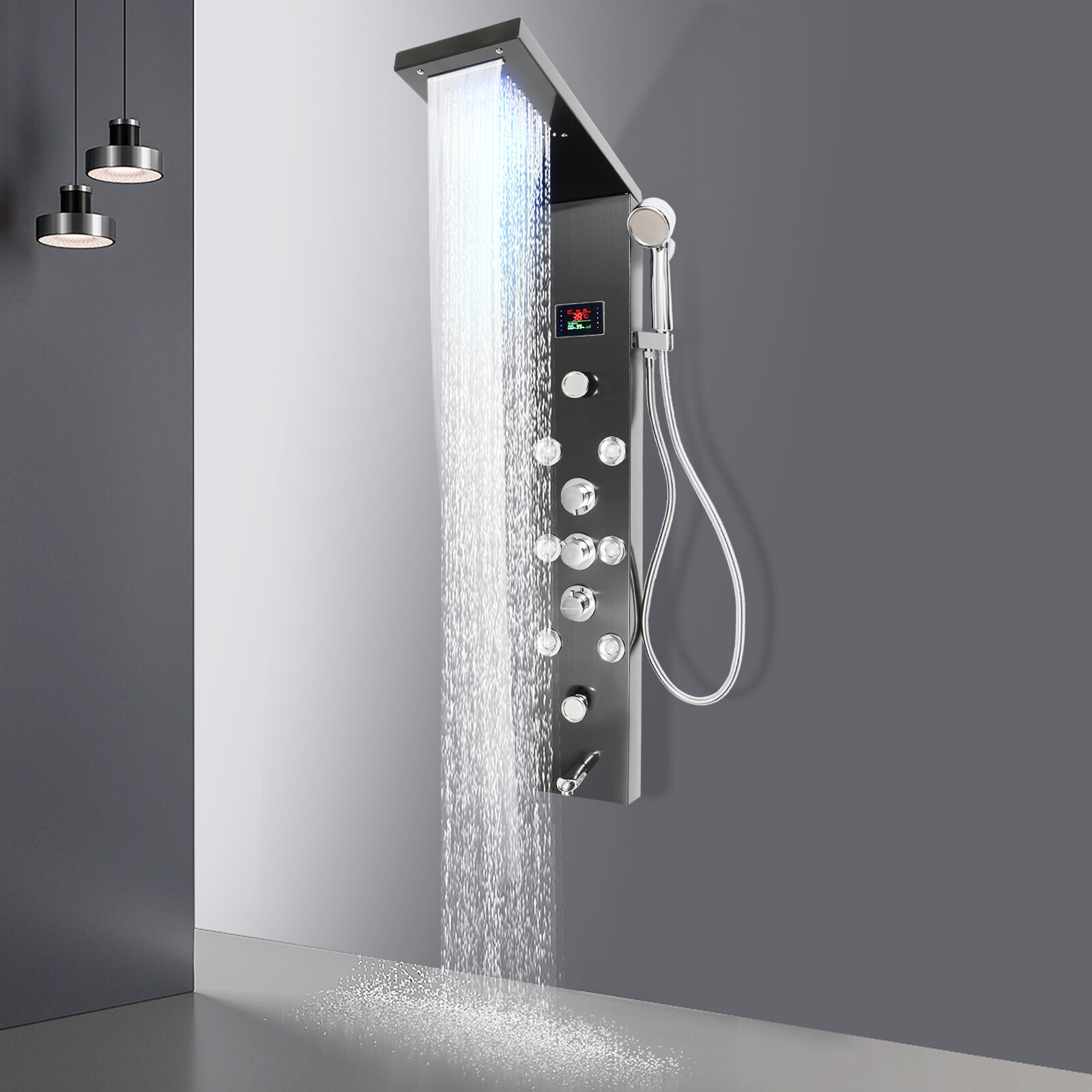 Hydroelectricity Display Rain Massage Full Body Shower System with Jets Black