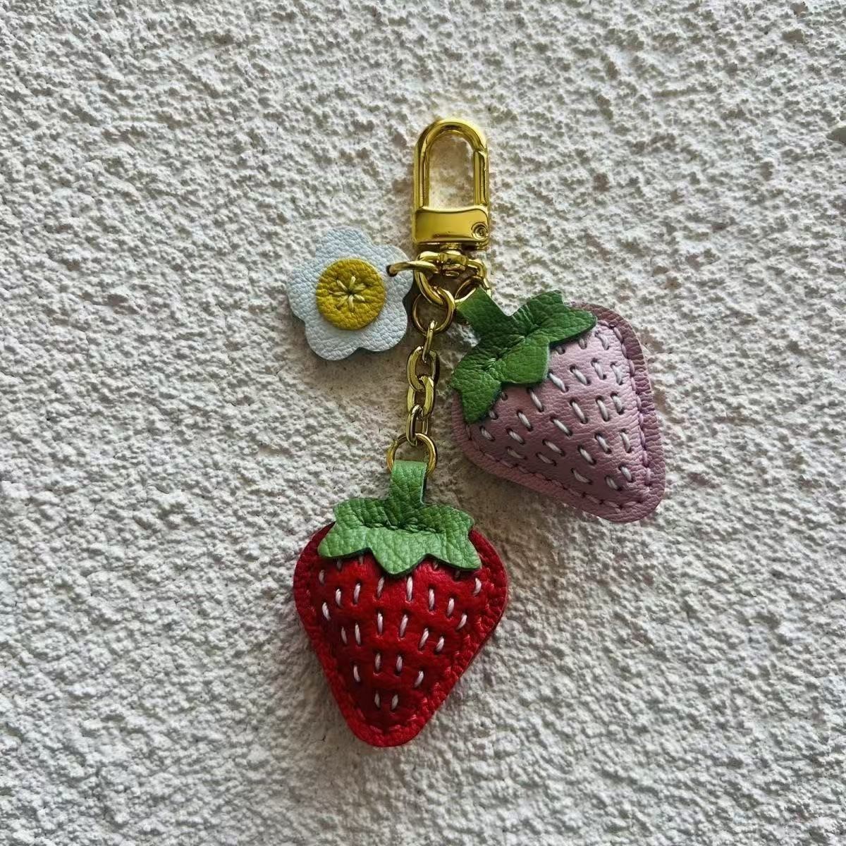 Real Sheepskin Leather Strawberry Bag Charm Keychain Car Key Fob Handmade Gift