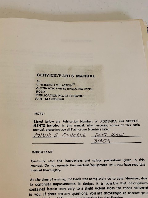Cincinnati Milacron Operating Tech Manuals for APH Robot
