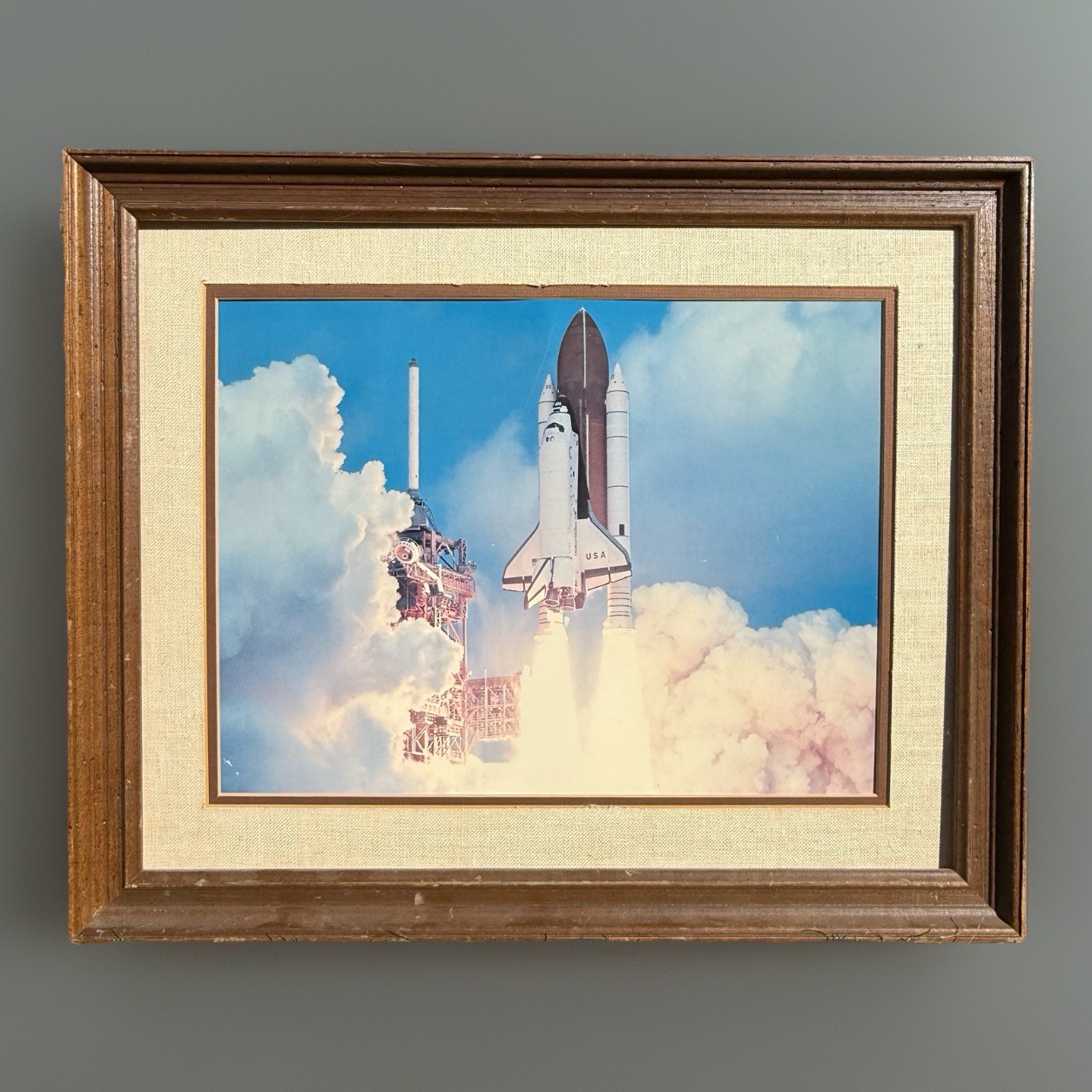 Vtg Framed NASA Print: Space Shuttle Discovery Maiden Voyage 1984, 25.5 x 22 in