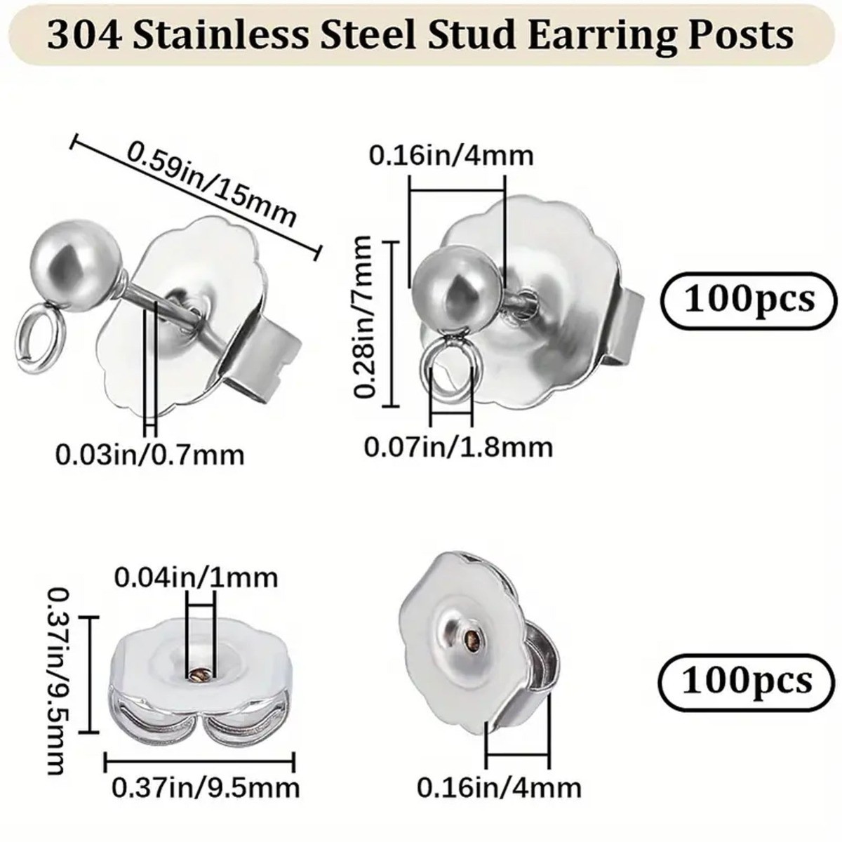 100pcs Stainless Steel Stud Earring Findings With Loop