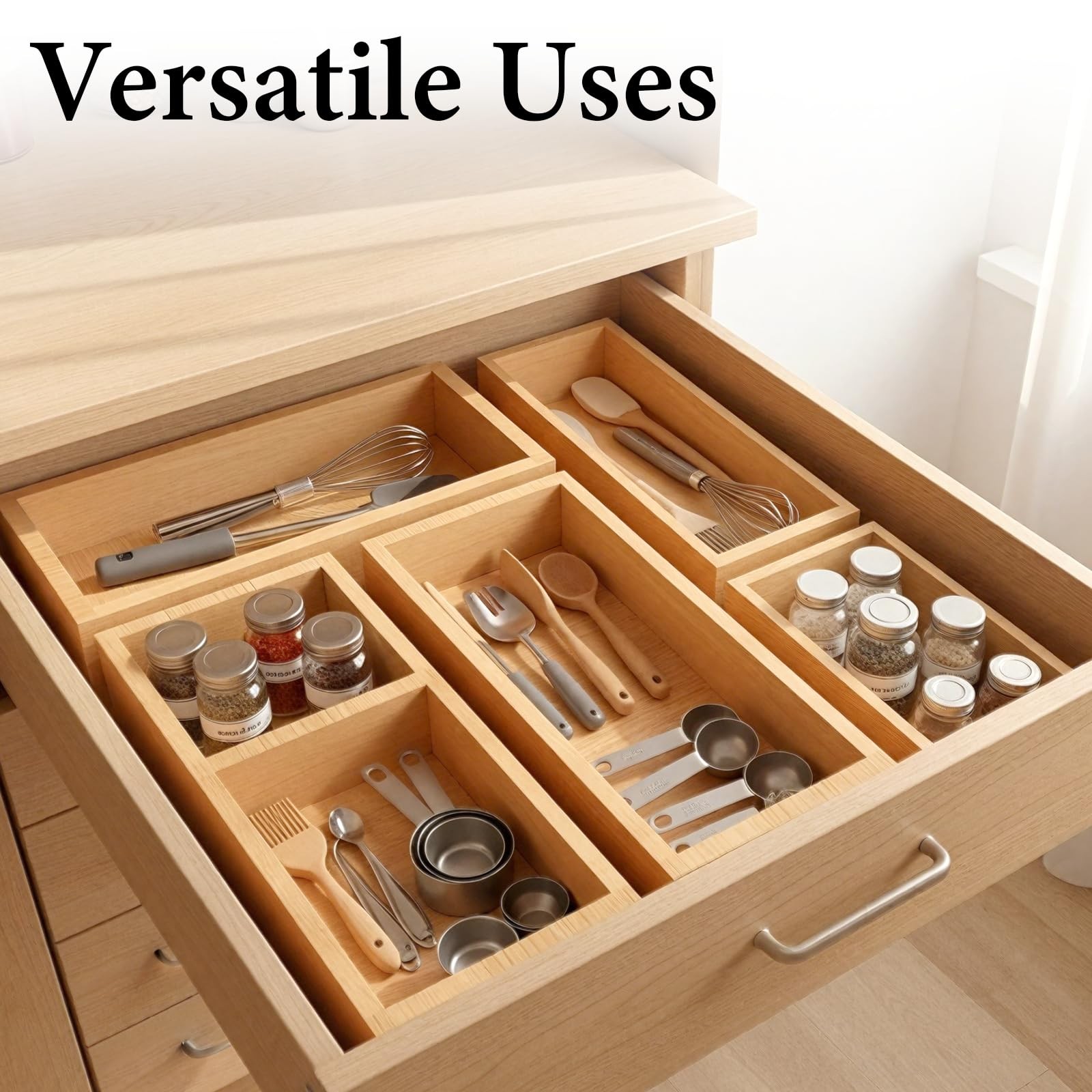 Bamboo Drawer Organizer 5 Pcs for Kitchen Multi-purpose Storage Dividers for ...