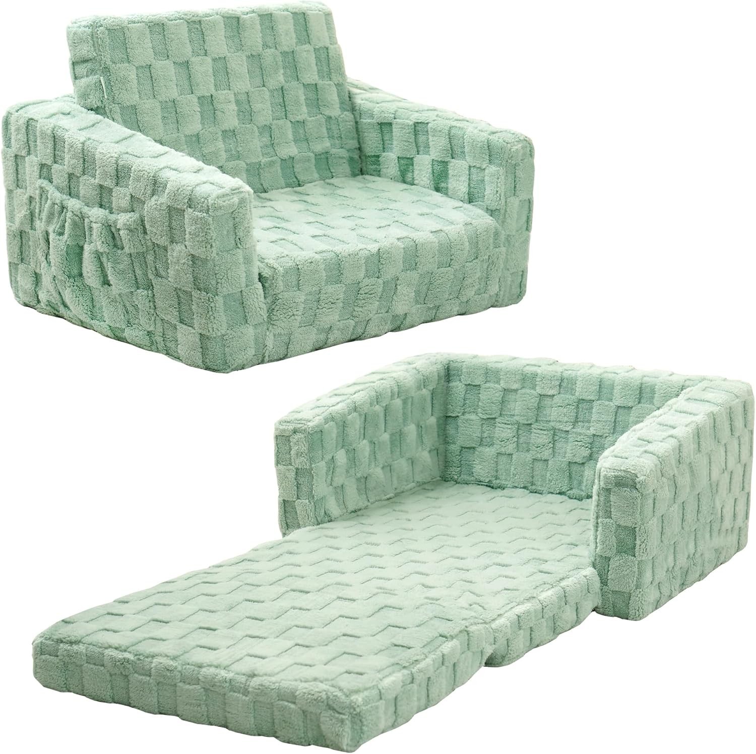 Toddler Couch for Kids – 2-in-1 Fold Out Sofa and Lounger, Soft Flannel Conve...
