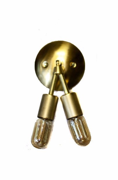 Vintage Mid Modern double down minimalist bare exposed bulb Wall sconce ( Brass