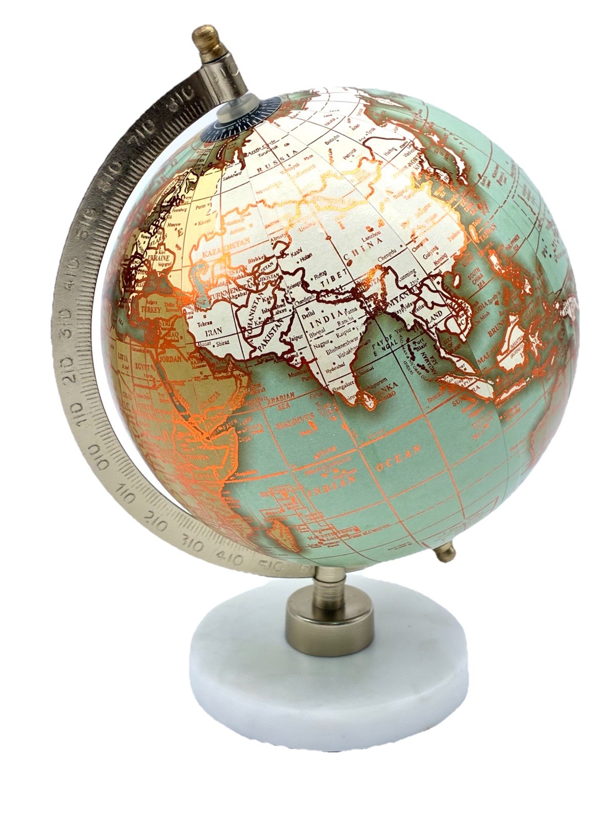 Vtg Earth Green Globe Copper Outlining Detailed Cartography Faux Marble Pedestal