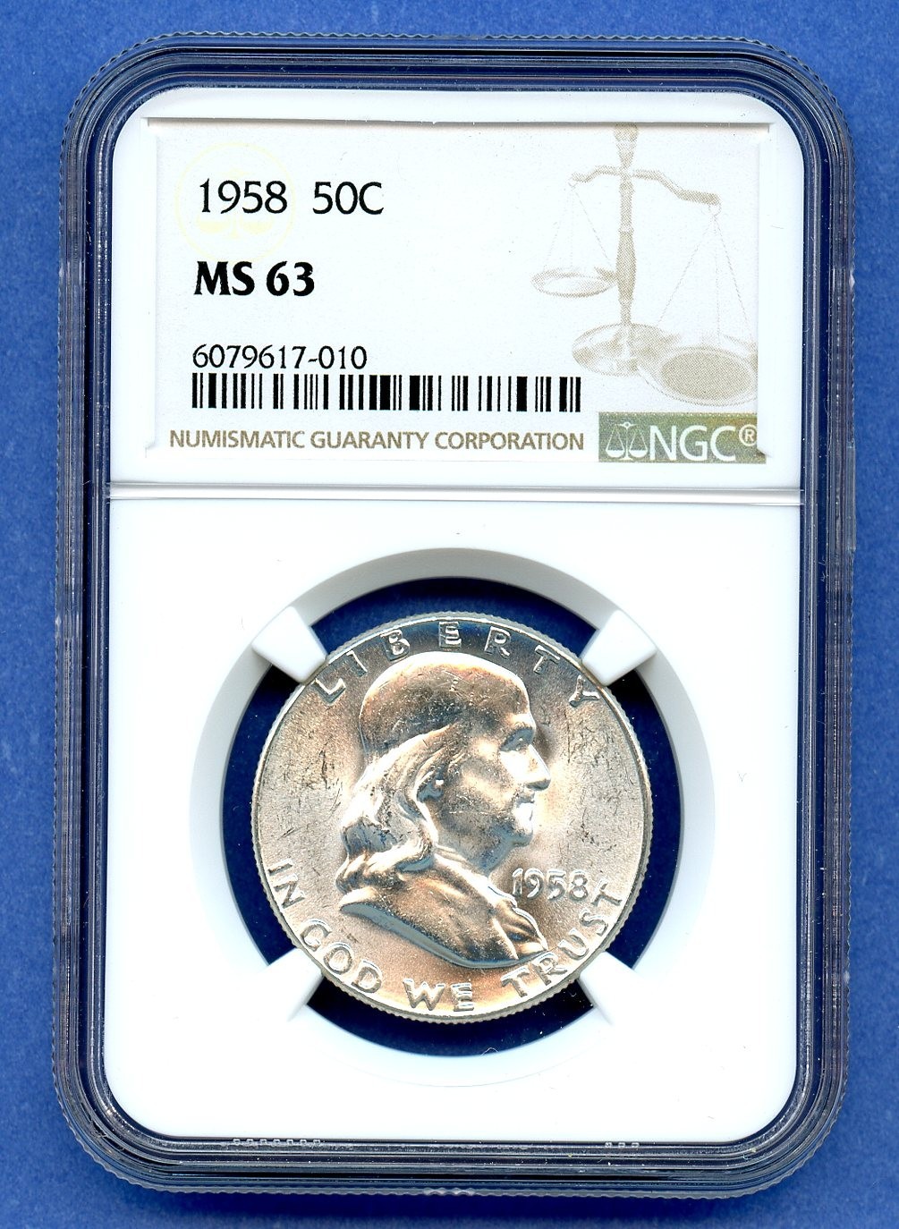 1958 P NGC MS63 Franklin Half Dollar 50c Silver US Mint 1958-P MS-63 Blast White