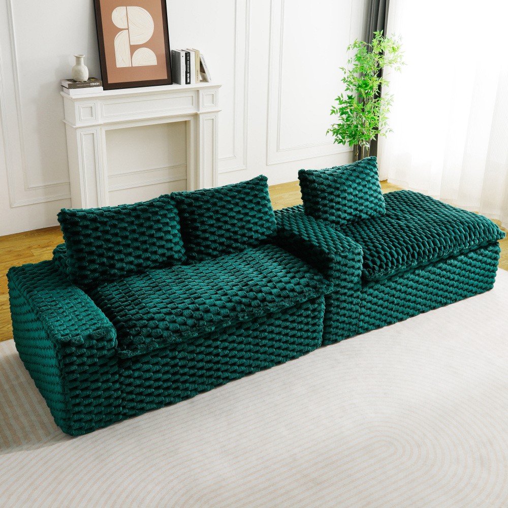 Green Velvet Convertible Sofa w/ Chaise Lounge - L-Shape Couch for Living Room