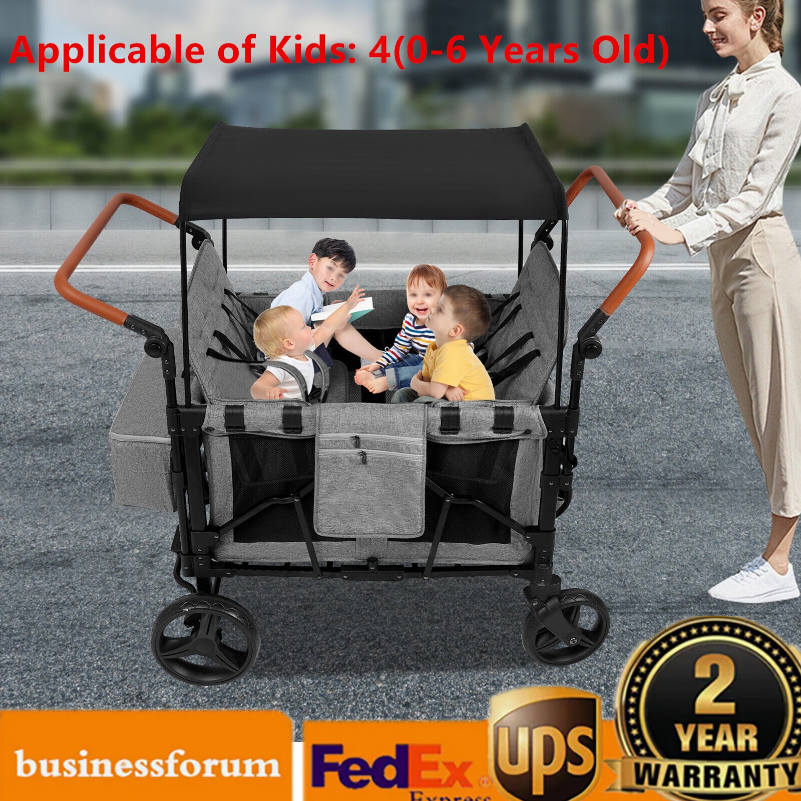 Folding Baby Stroller Wagon Cart For 4 Kids, Face To Face High Seat With Canopy