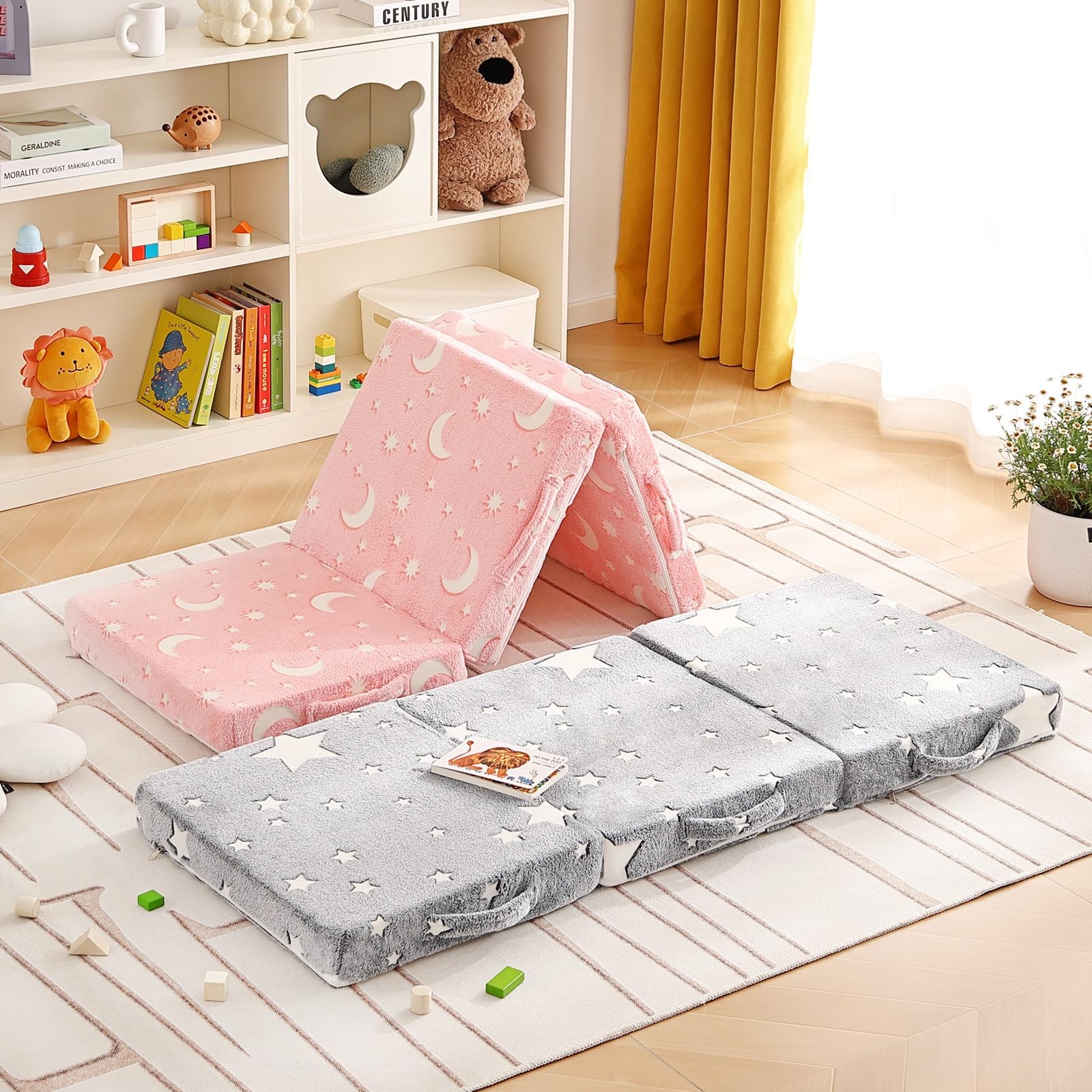 Foldable Floor Mattress for , Glow in The Dark Pink Moon Washable Tri Folding...