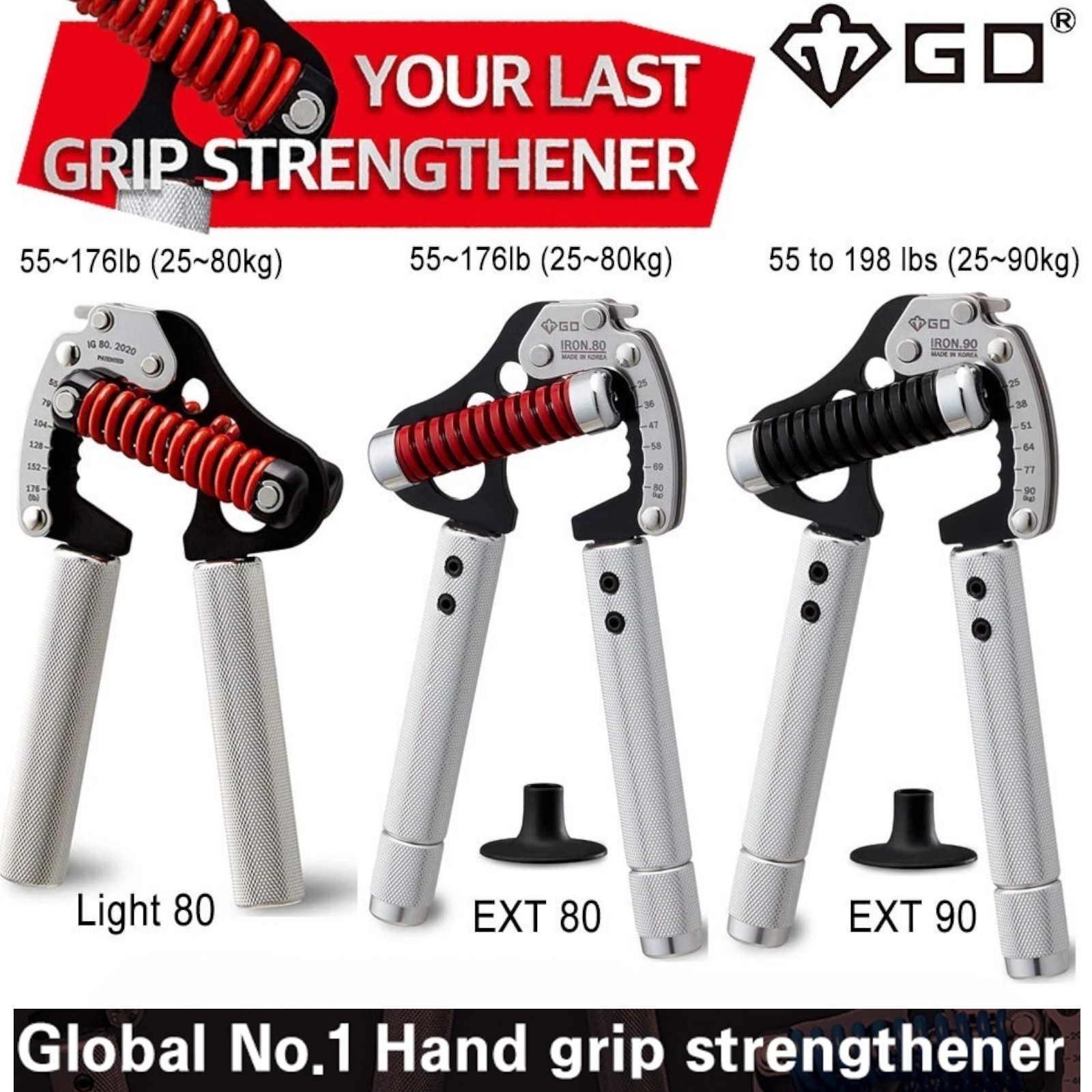 GD Iron Grip Premium Adjustable Expandable Hand Gripper  Light 80,EXT 80,EXT 90