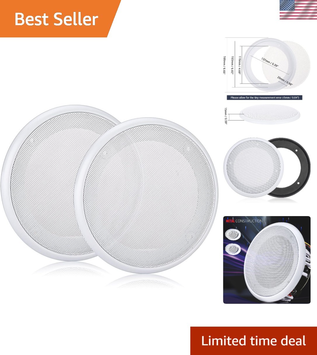 2PCS Paintable 5'' White Speaker Grill Covers - Versatile Wall & Ceiling Use