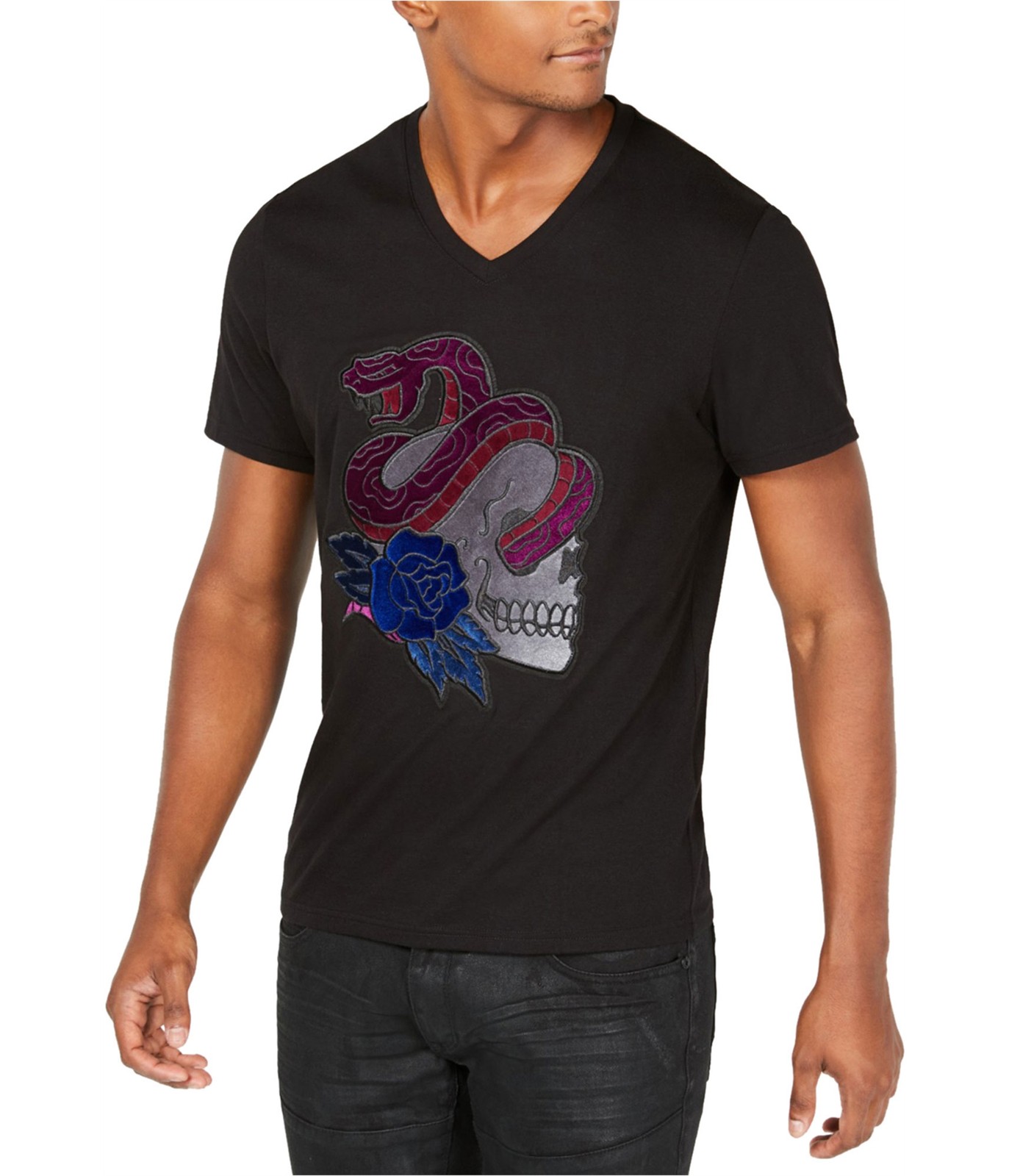 I.N.C Mens Skull Snake Rose Graphic T-Shirt