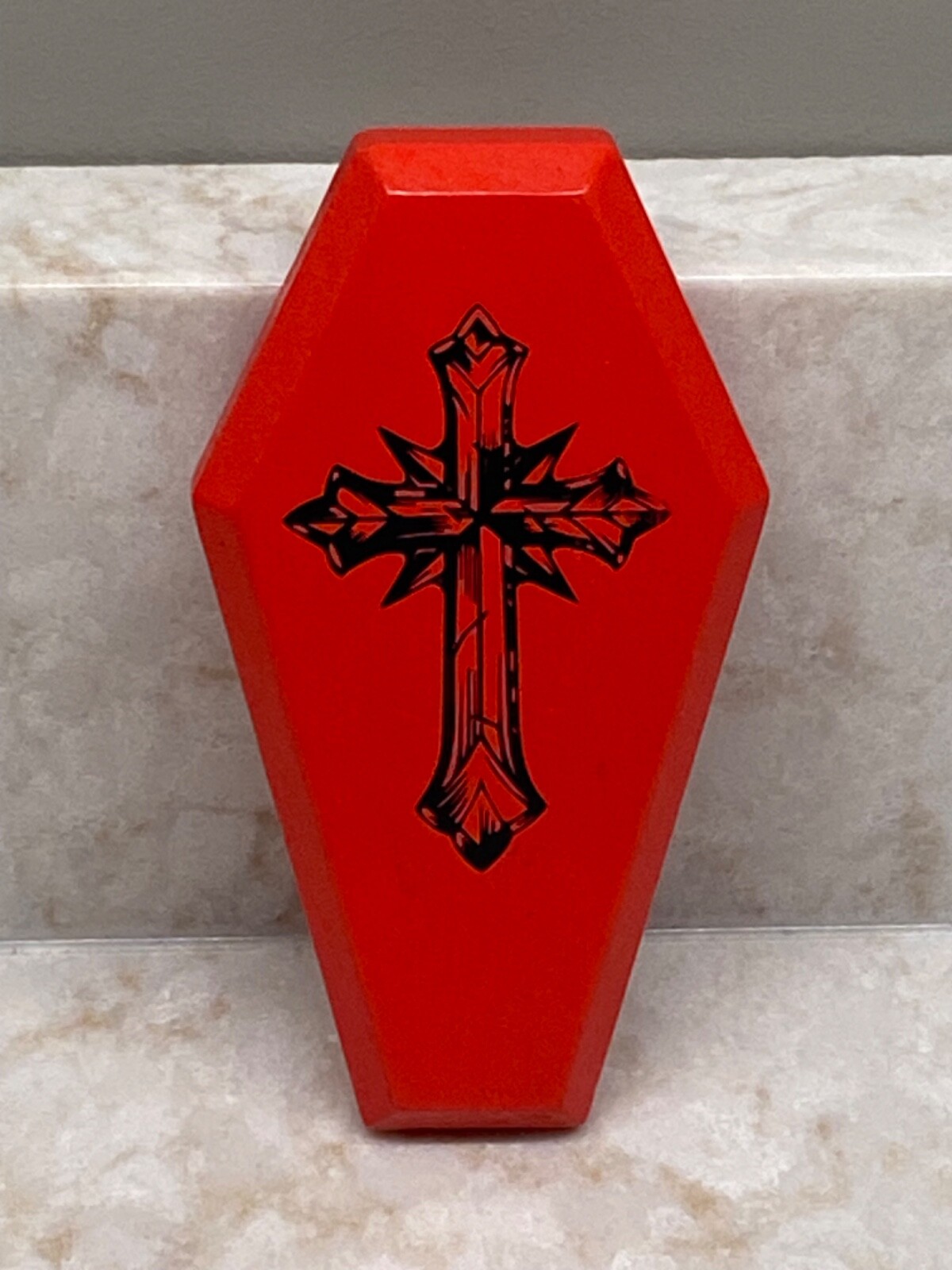BOTTLE OPENER WOODEN RED COFFIN SHAPED WITH BLACK CROSS 5" BARWARE MAN CAVE