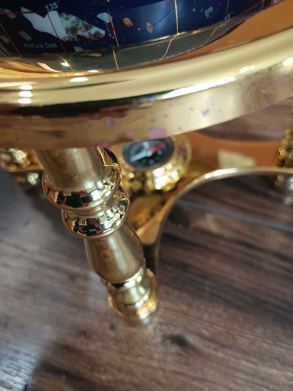 Gemstone World Globe w/ Gold-Toned Brass Stand W/Compass