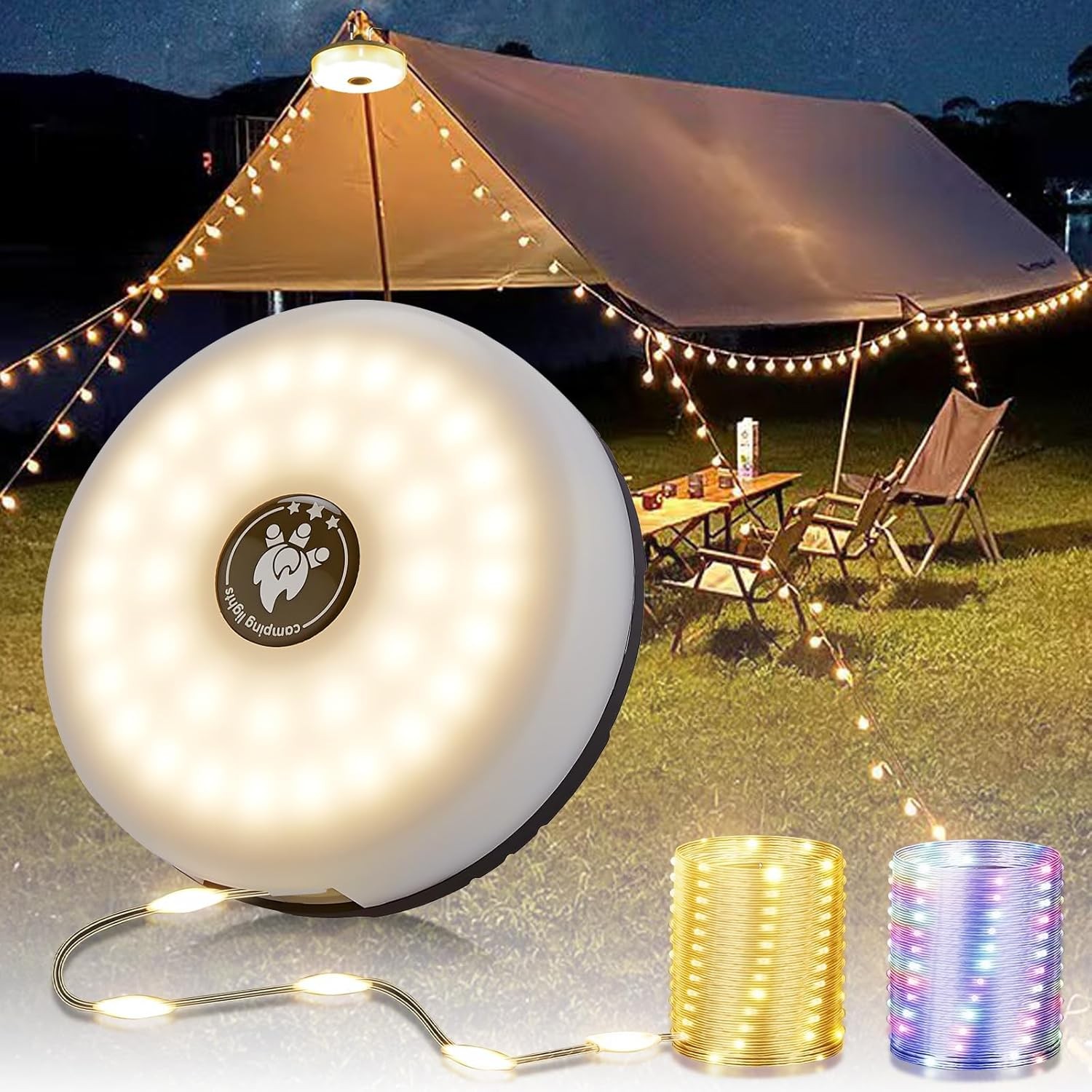 Camping String Lights, 4 in 1 Portable Camping Light Rechargeable, 8 Lighting
