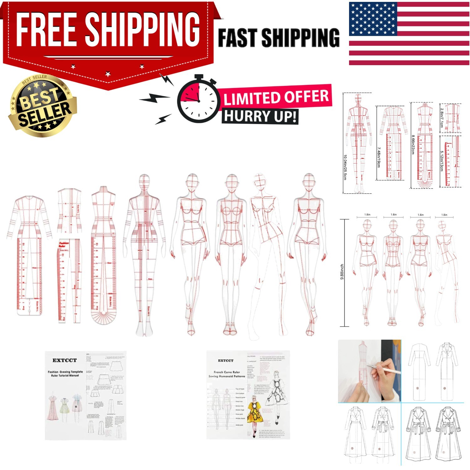 Fashion Drawing Template Ruler Set, Woman Sewing Humanoid Patterns Design, Cl...
