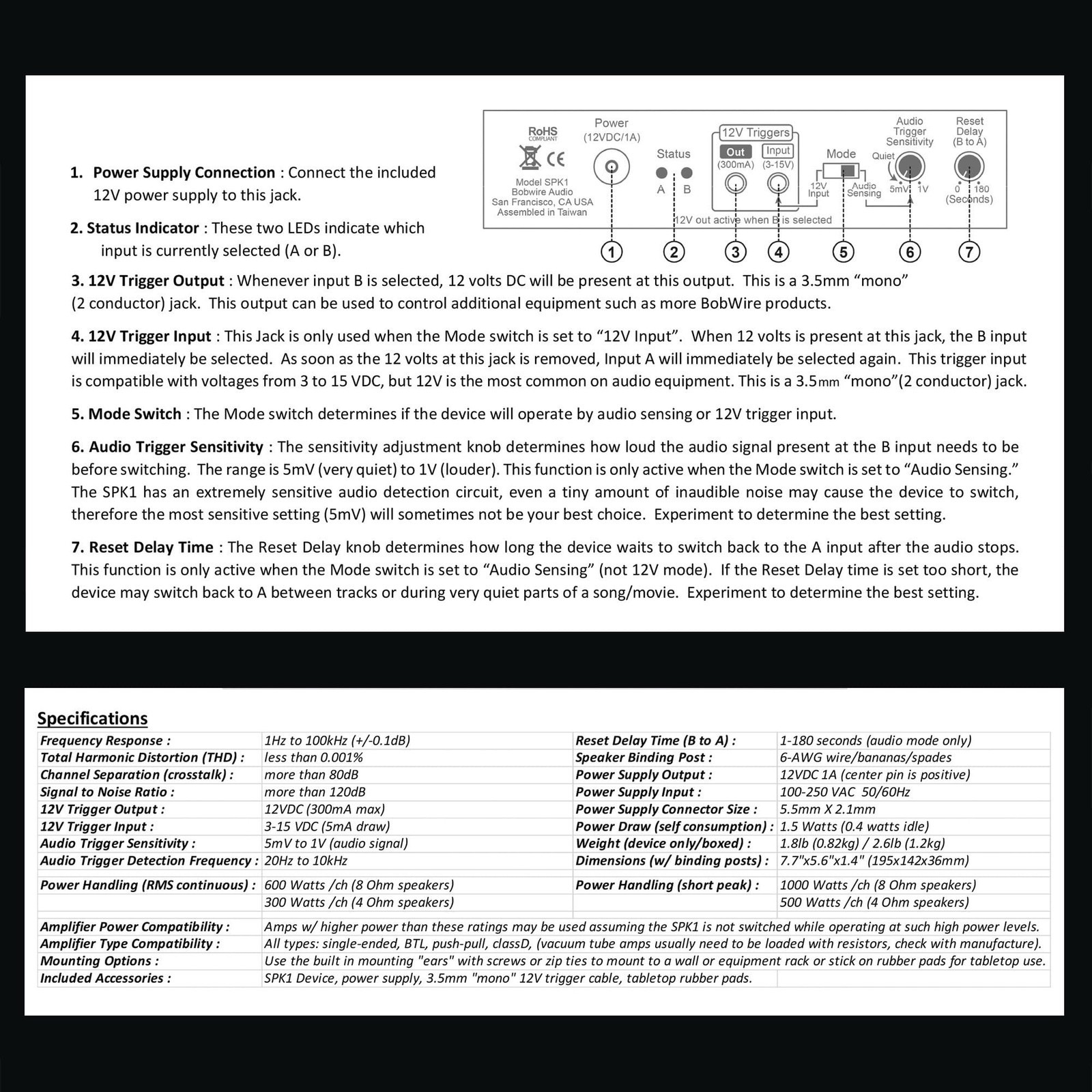Automatic Amp/Speaker Selector by BobWire, Model SPK1 - Switch Operates by Audio