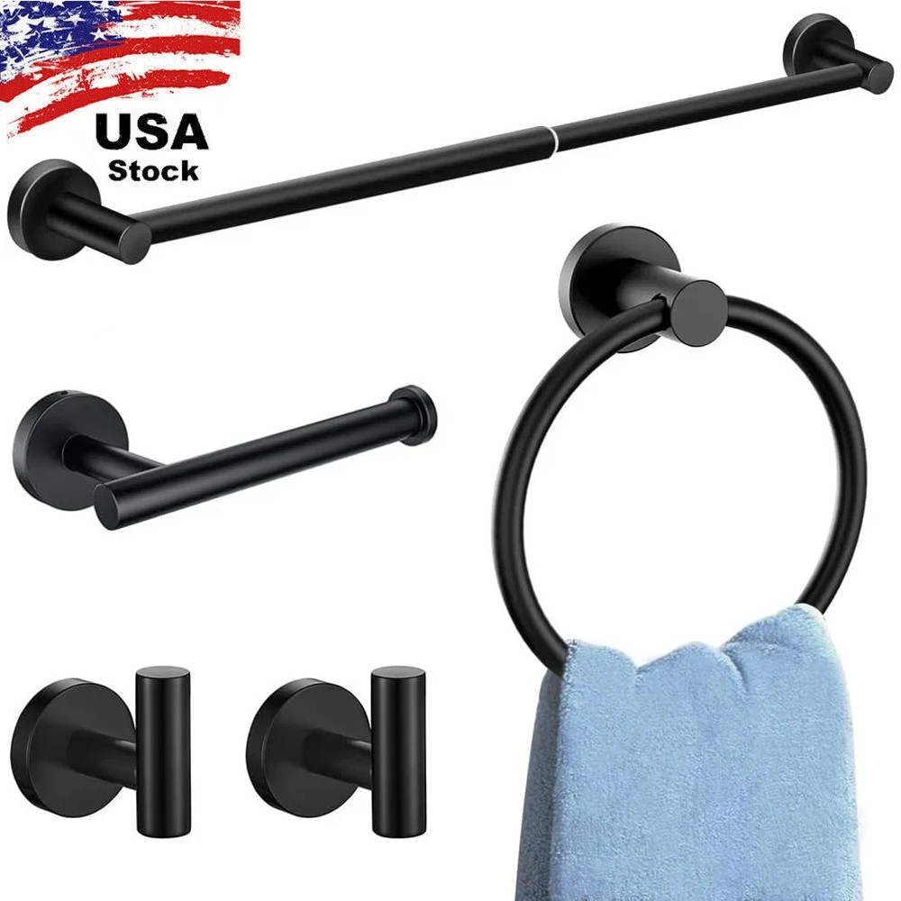 5 PCS Bathroom Accessories Set Matte Black Adjustable Towel Bar Towel Hook &Ring