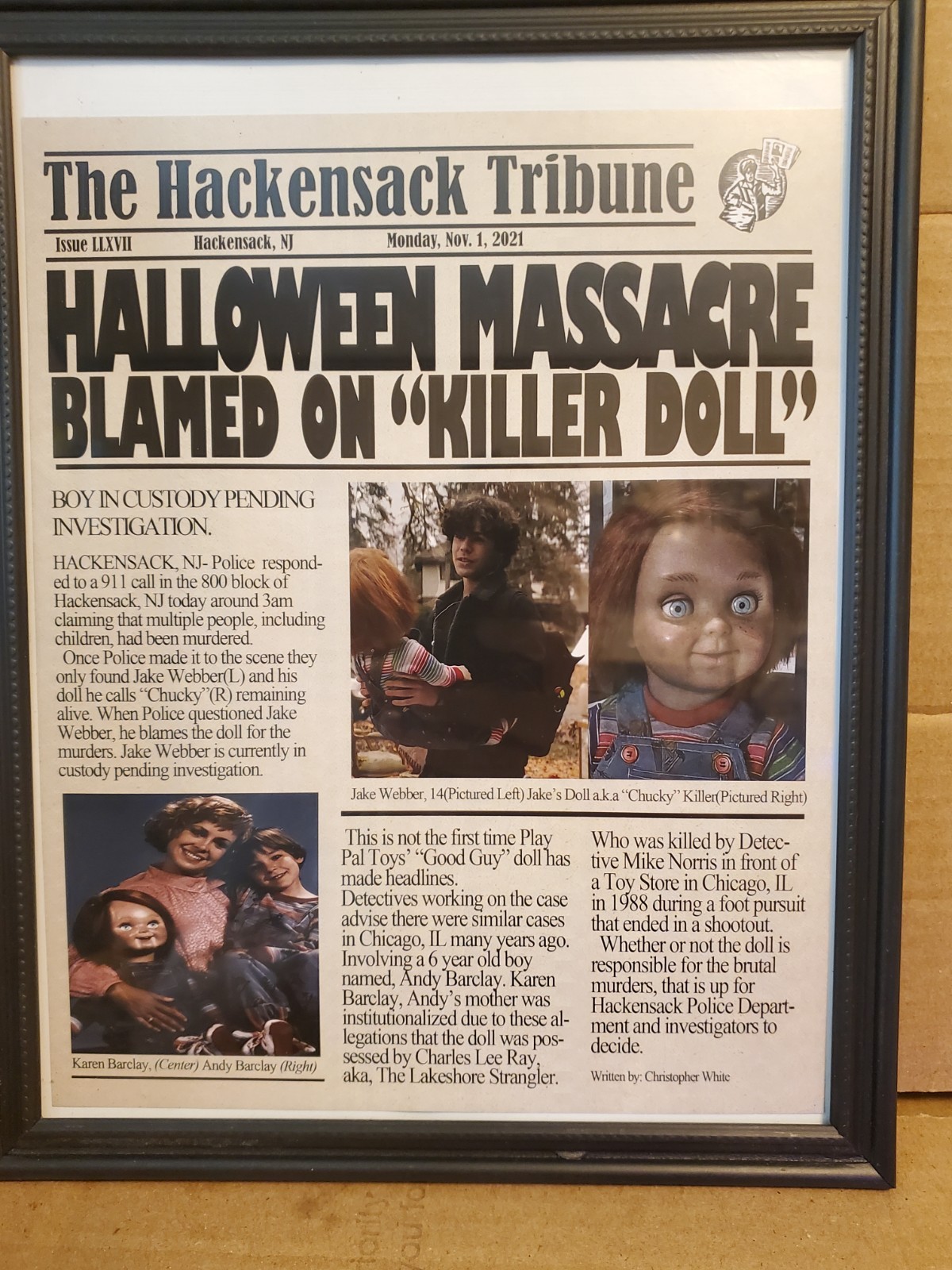 Child's Play Chucky Newspaper Headline Framed 8x10