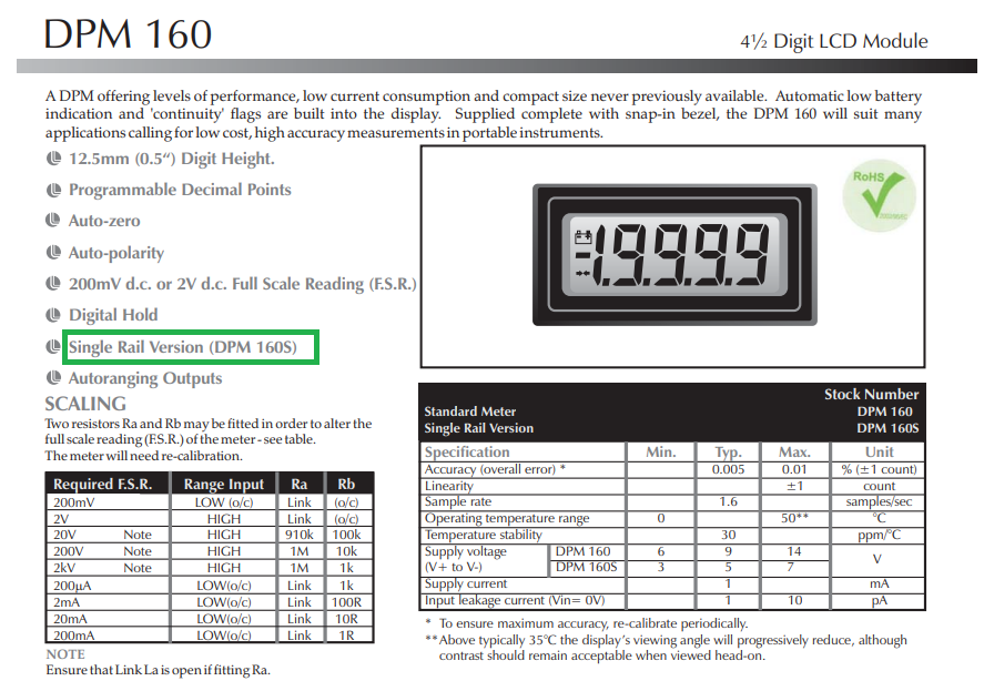 Lascar DPM 160S Display Panel Mount 4-1/2 Digit LCD Module, Configurable