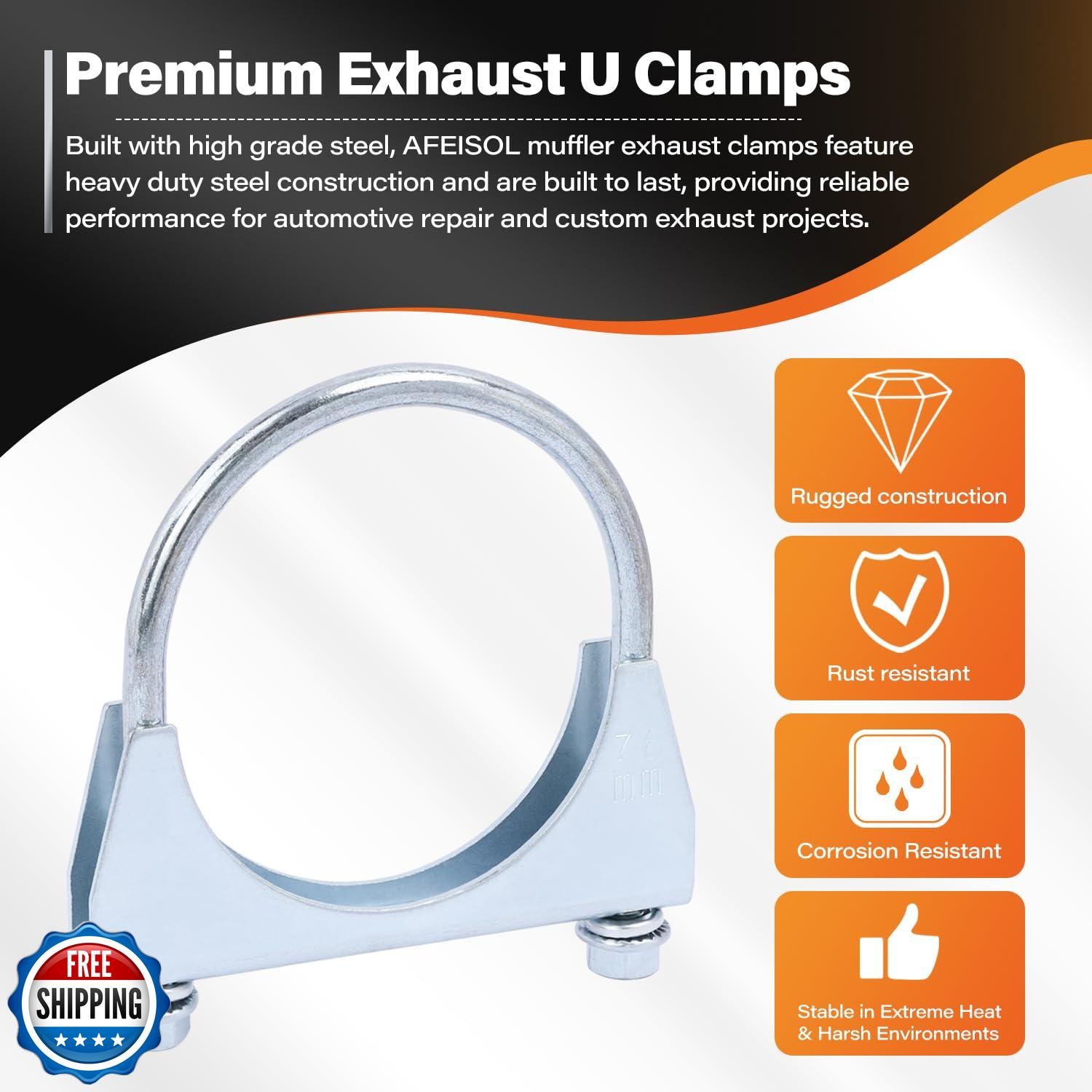 AFEISOL 2 Pack 3" U Bolt Clamp Saddle-Style Muffler Exhaust Clamps on Tip Pip