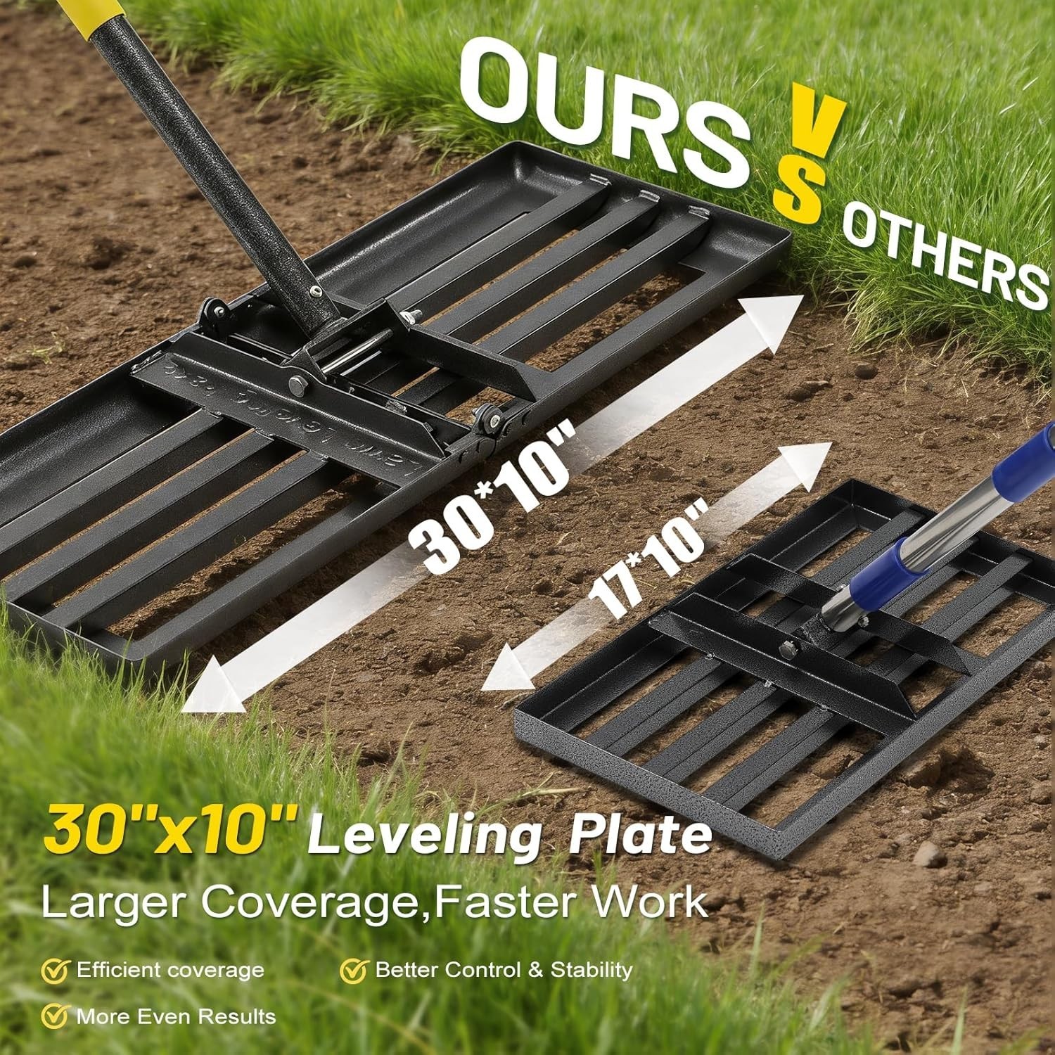 Professional Yard Level Tool, 30"x10" Large Ground Plate, 72" Extendable Handle