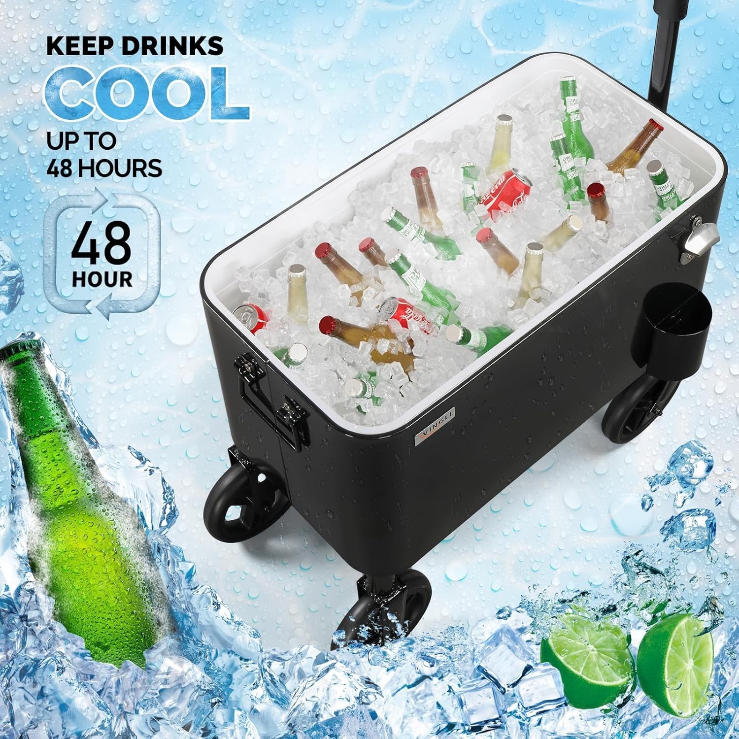 80 Quart Rolling Cooler Ice Chest with Wheels and Long Handle Black