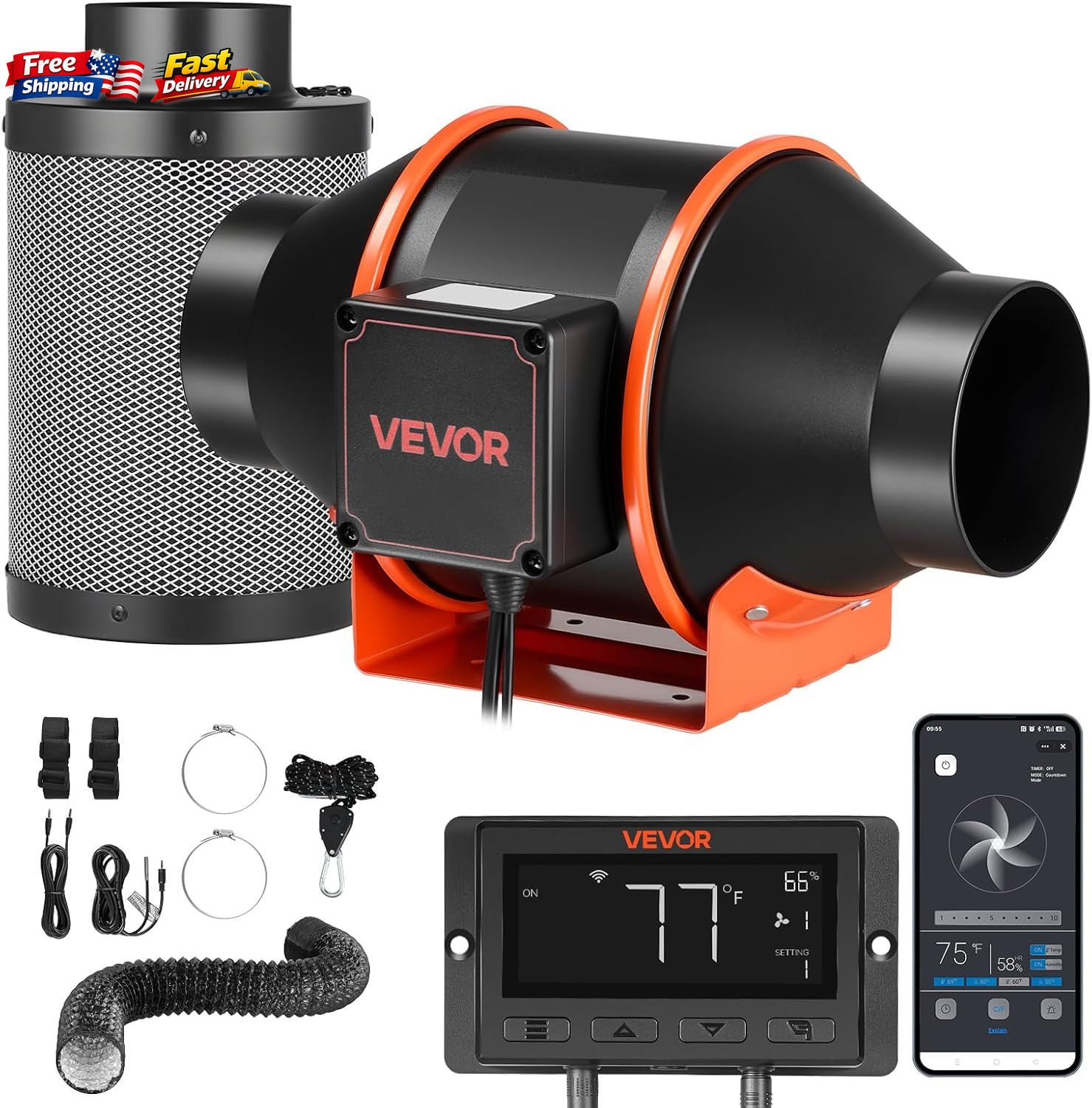 VEVOR 4" Inline Duct Fan Carbon Filter Kit 205 CFM App Control Grow Tent Fan