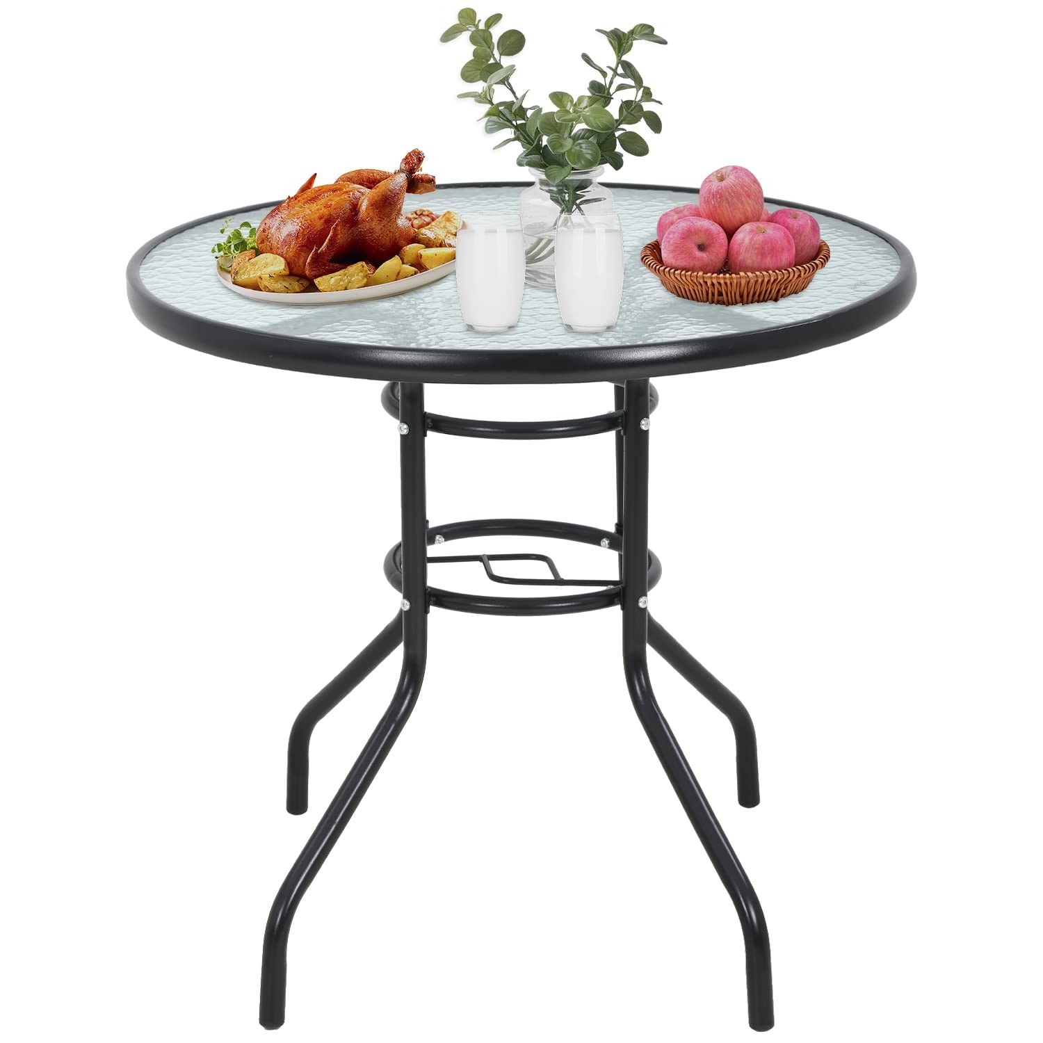 Outdoor Table Patio Table Dining Table with Tempered Glass Umbrella Hole for ...