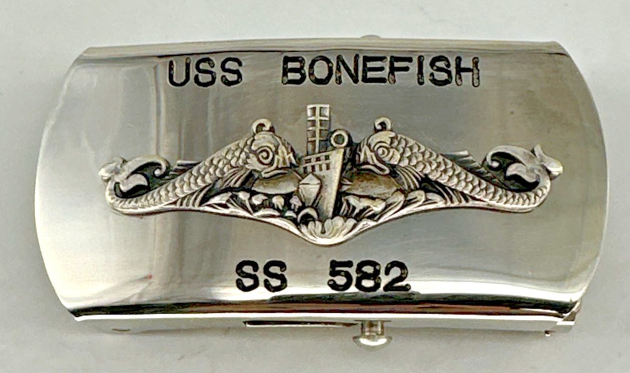 USS Bonefish SS-582 Submarine Belt Buckle – Vintage US Navy Dolphin Insignia