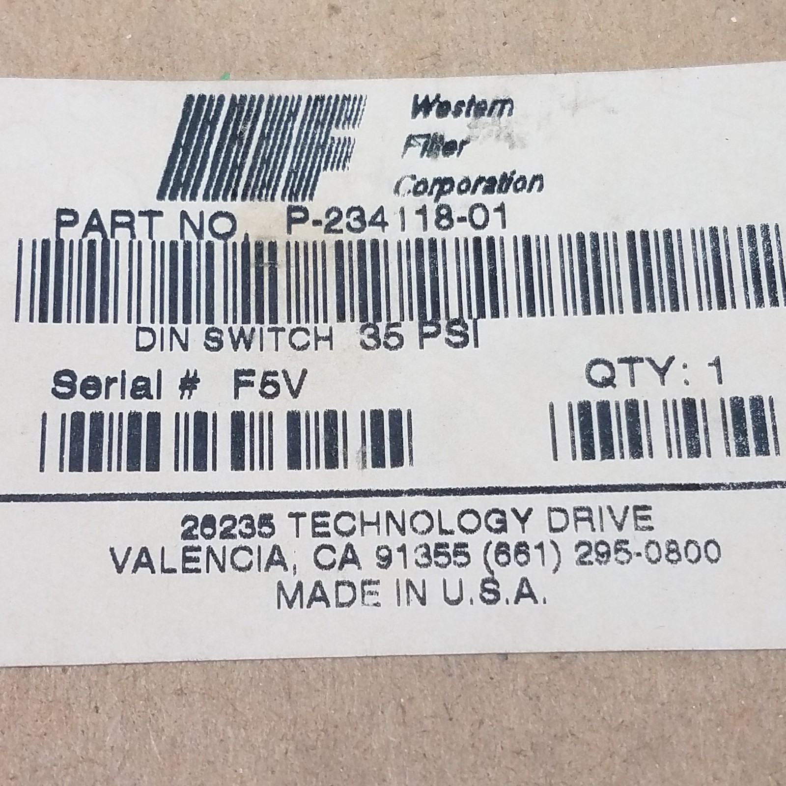Western Filter P-234118-01 Din Switch, 35PSI - NEW