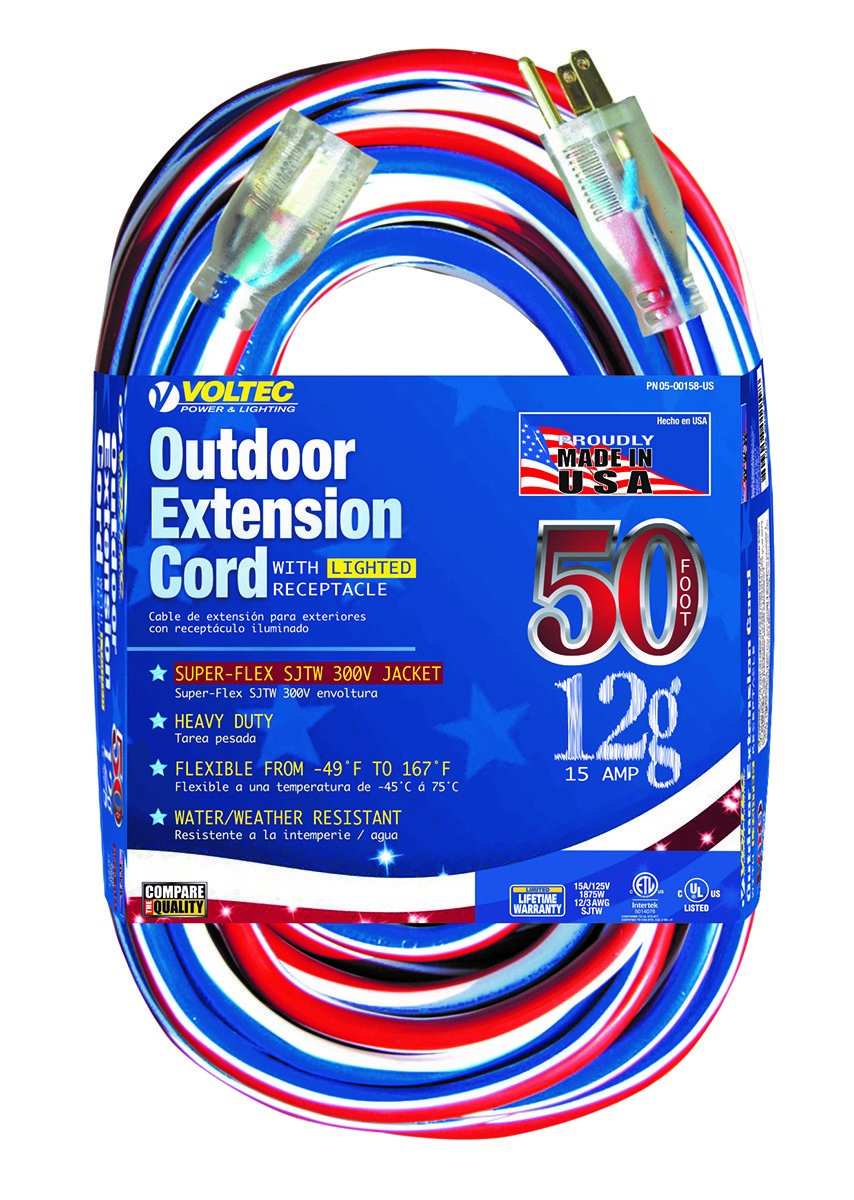 Voltec 05-00158-US 50FT 12/3 SJTW Red/White/Blue Extension Cord w/Lighted End