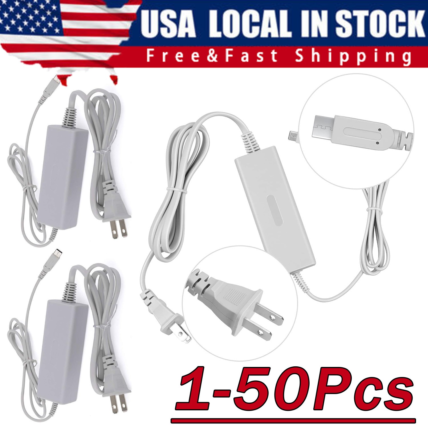 AC Power Supply Charging Adapter Cable Charger For Nintendo Wii U GamePad Lot