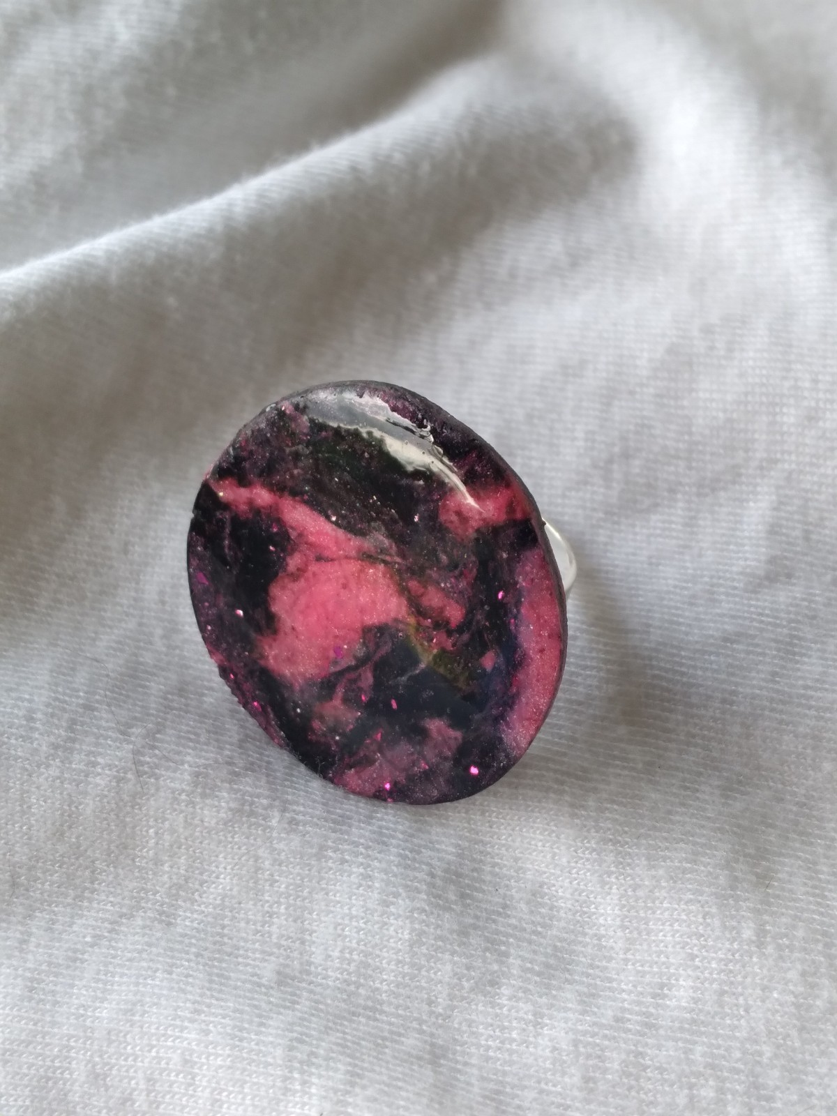 Handcrafted Silver Adjustable Polymer Clay Ring Round Pink Black Marbled
