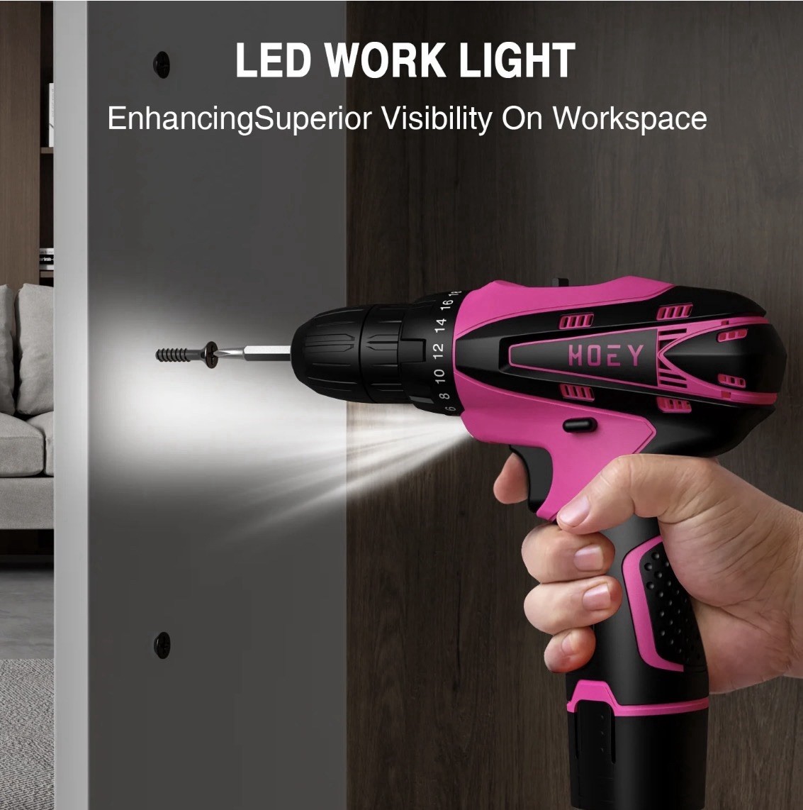 Drill electric,MOEY 12V Pink Cordless, Light, Variable Speed, Flexible Shaft