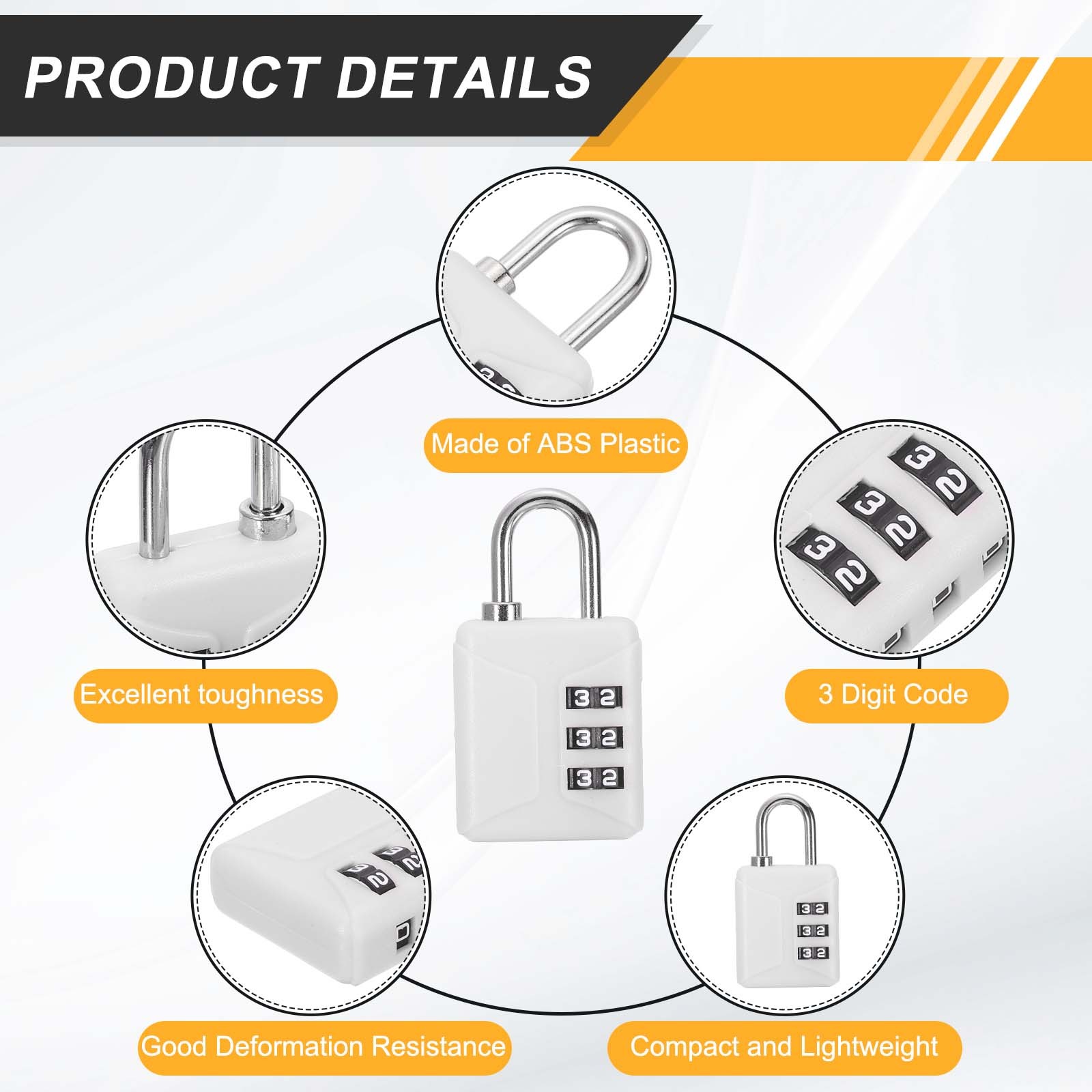 2pcs Resettable 3 Digit Plastic Combination Padlock, White (60 x 32mm)