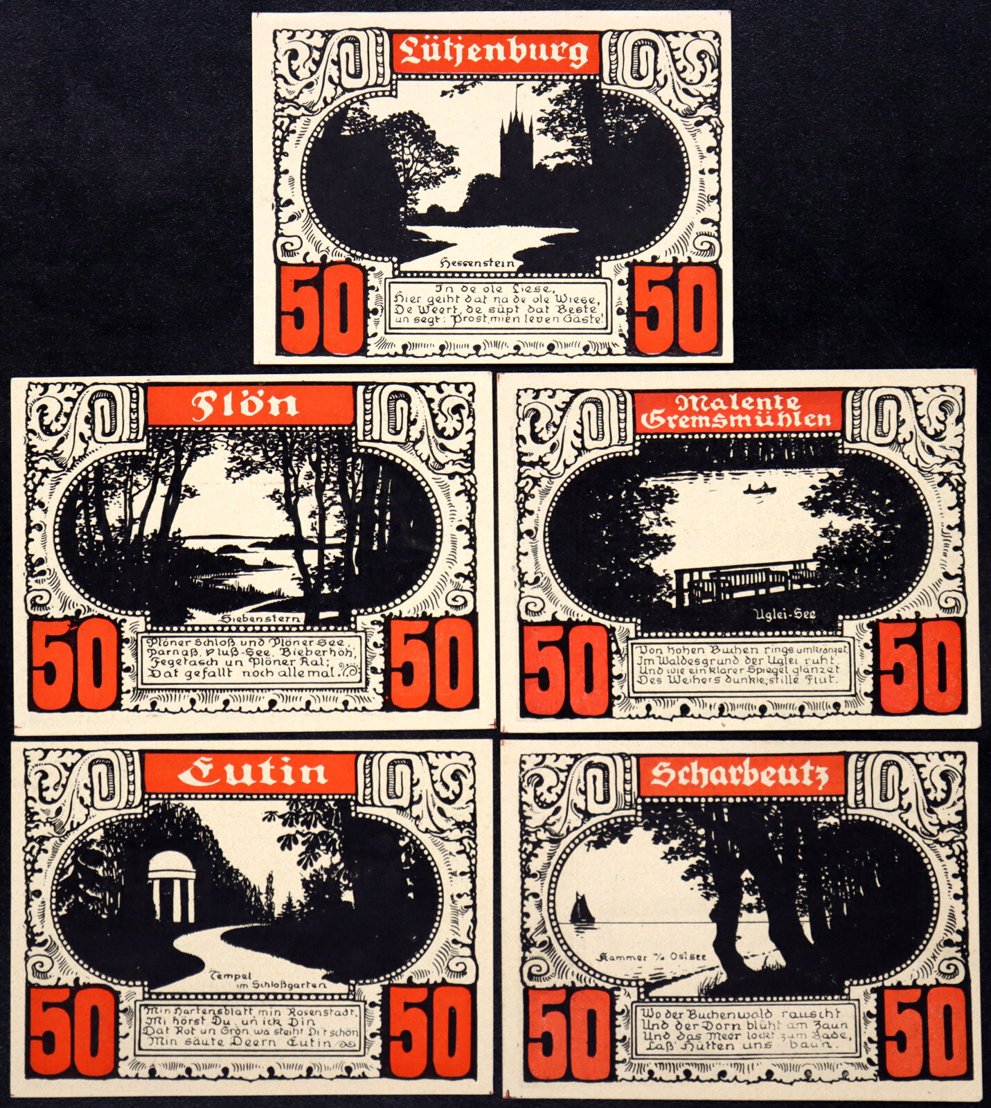 PLÖN 1921 "Local Communities" Complete Red Series German Notgeld