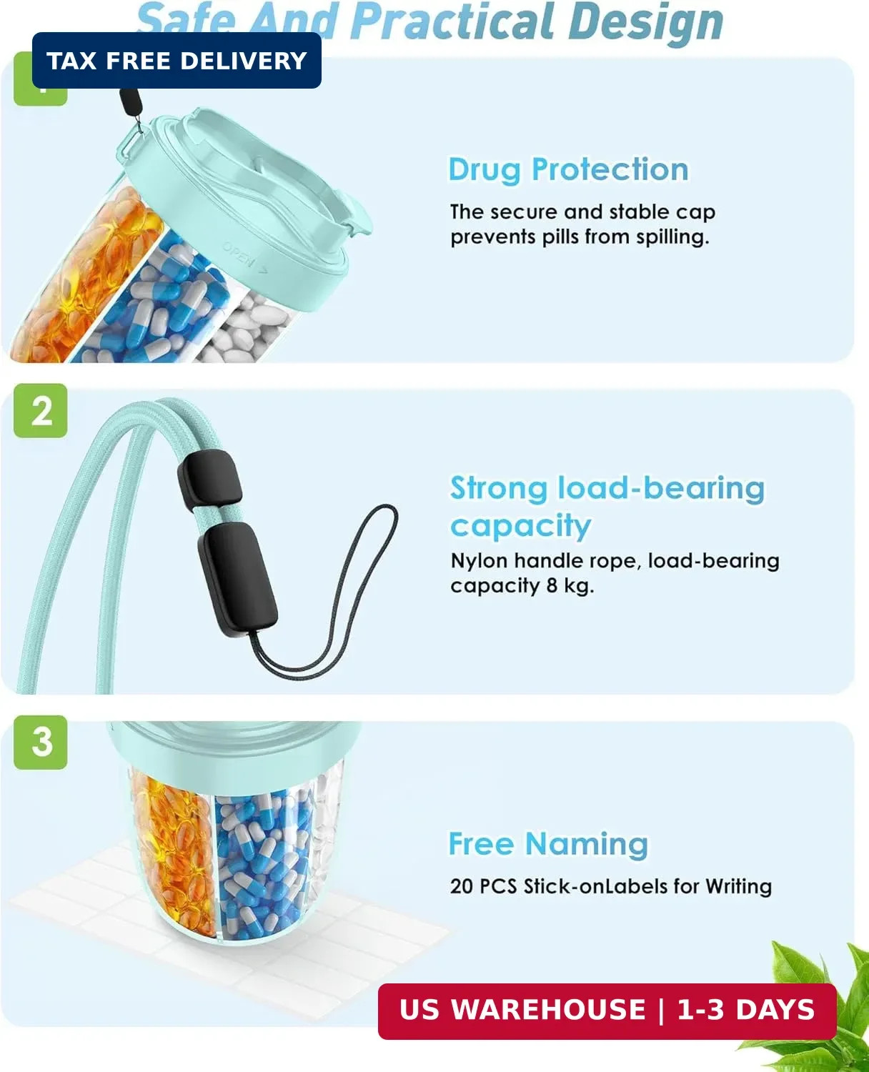 Pill Organizer,Pill Dispenser with 7 Large Compartments,Portable Pill Bottle Box