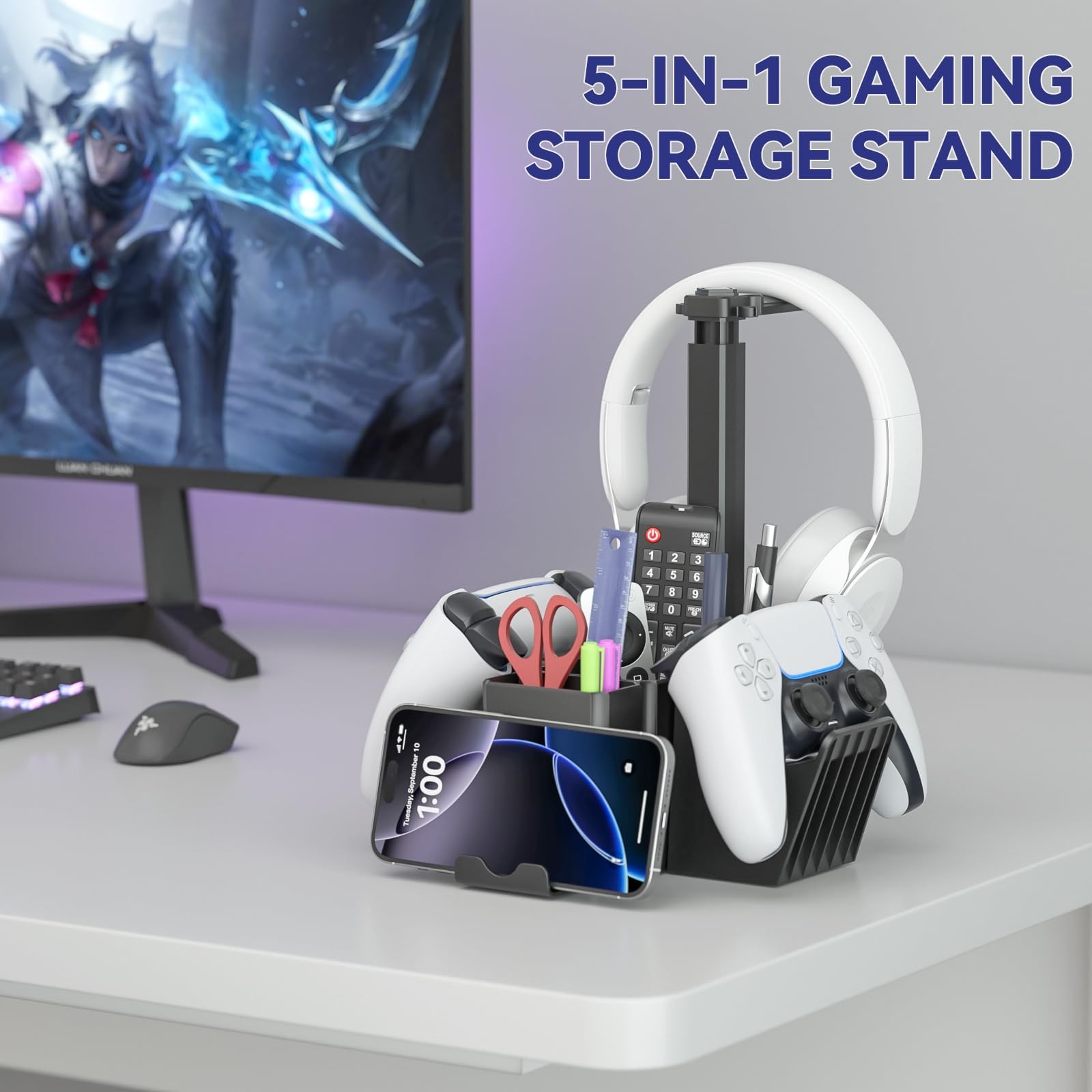 Dual Controller Holder with Headphone Stand - Multi-Functional Desk Storage B...