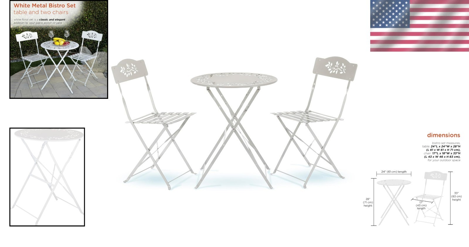 Compact White Bistro Set - 3-Piece Folding Table & Chairs for Stylish Spaces