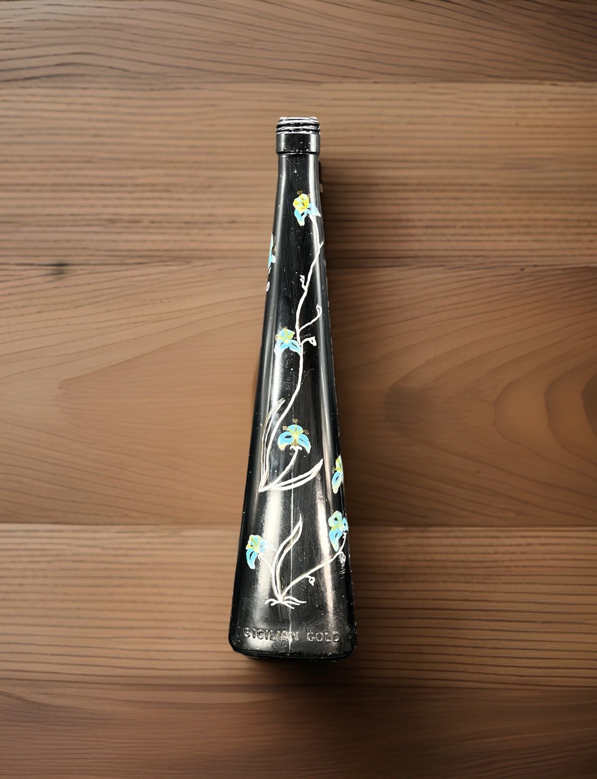 Sicilian Gold Liquor Bottle Hand Painted Flowers Empty Vase Triangular 16” Vtg