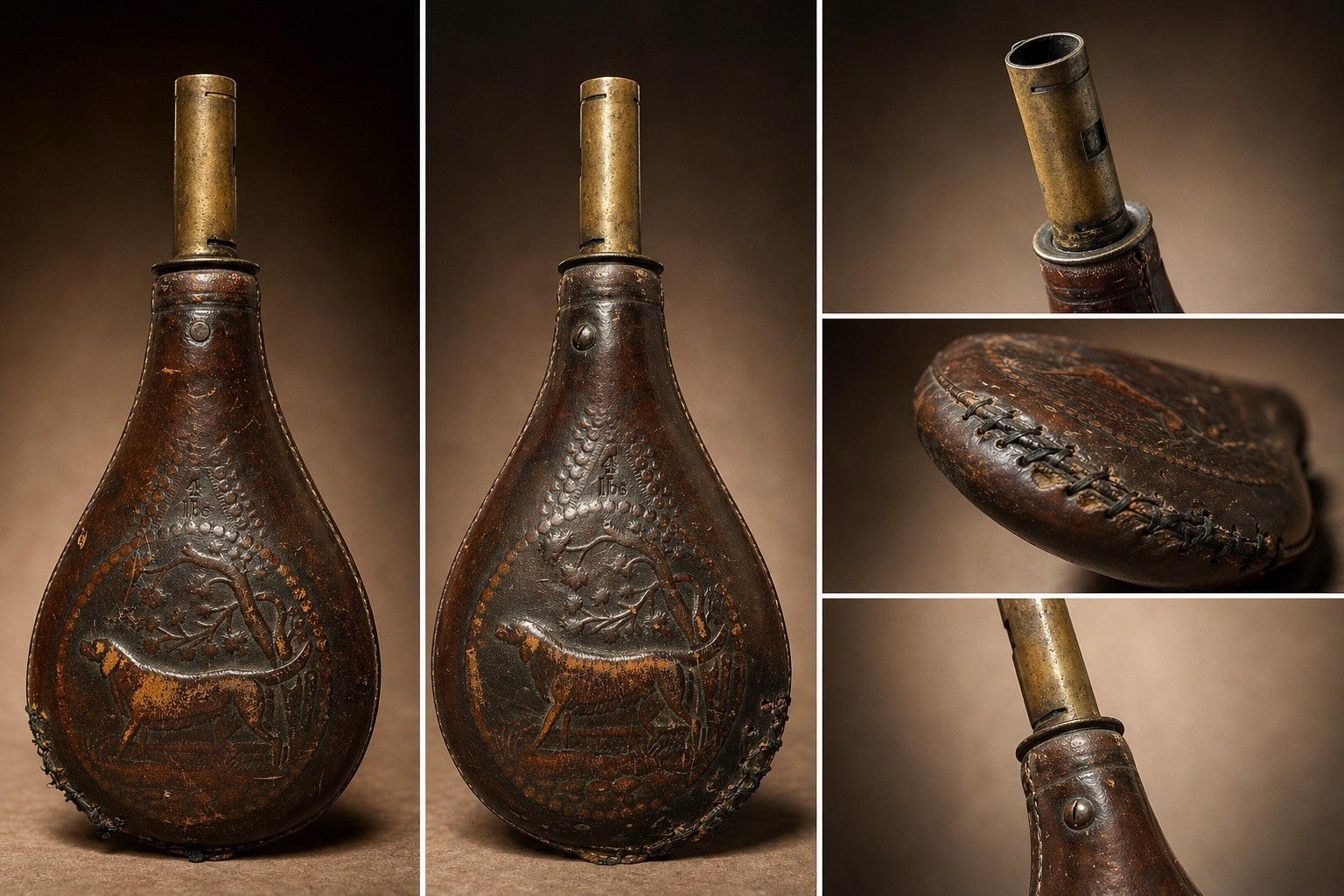 Antique Leather Covered Powder Flask Hunting Dog Embossed 4 lbs Mark