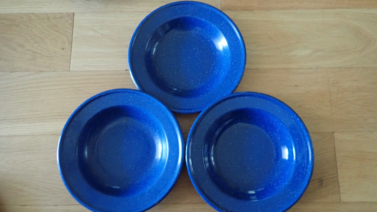 Set of Enamelware Metal Camping Plates and Bowls - Blue w/ White Speckle