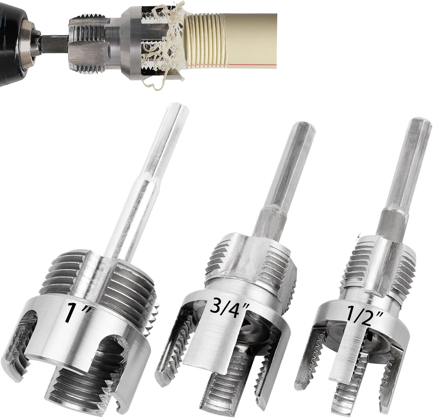 PVC Pipe Threader Kit 3 Piece Set 1/2 3/4 1 NPT Sizes Dual-Function Intern