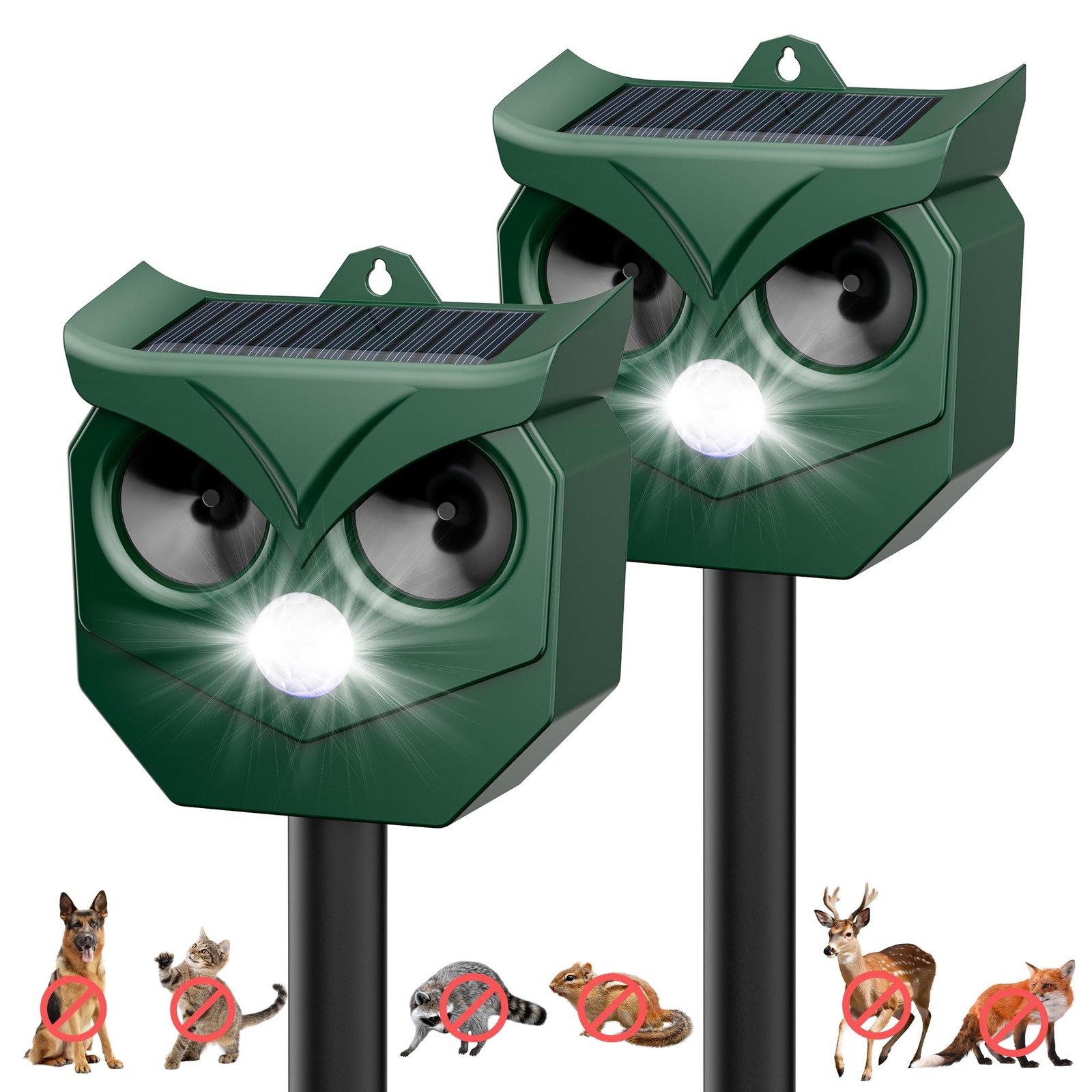 Ultrasonic Animal Repeller with LED Strobe Lights - Outdoor Solar Powered 2 Pcs