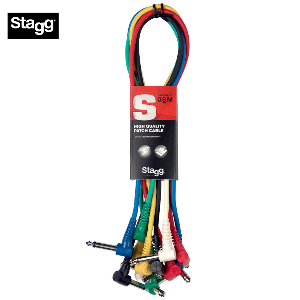 6-PACK Stagg 0.6M Right Angle 1/4" to Same 1/4" Mono Patch Cable SPC030L E